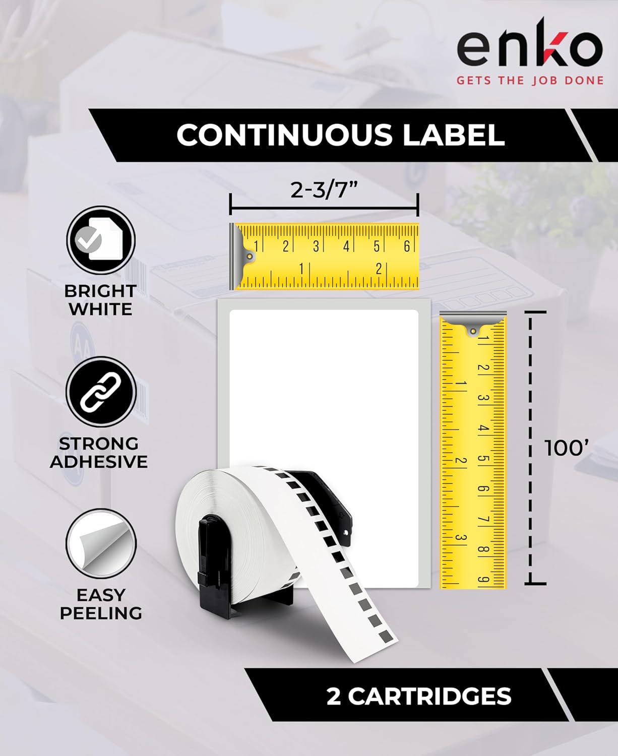 enKo - Compatible DK-2205 Continuous Paper Labels (2.4 Inch x 100 Feet) Use with Brother QL Label Printers QL-800, QL-820NWB QL 810W [6 Rolls + 2 Refillable Cartridge Frames]