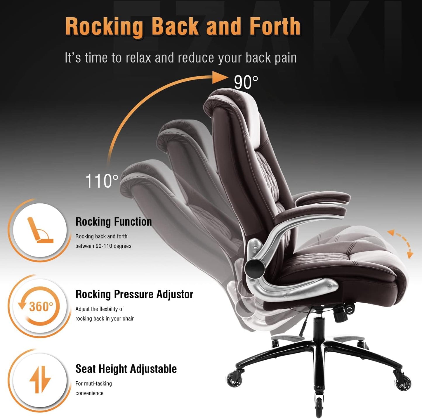 EZAKI High Back Office Chair-Flip-up Arms Executive Computer Desk Chair, Built-in Lumbar Support Thick Padded Adjustable Rock Tension Ergonomic Design for Back Pain (Brown)