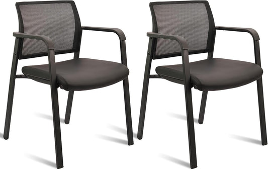 CLATINA Stackable Office Chair, Mesh Back Guest Chairs with Comfortable Leather Seat Arms Stacking Ergonomic Desk Chair No Wheels for Conference Waiting Reception School Stationary, Black, Set of 2