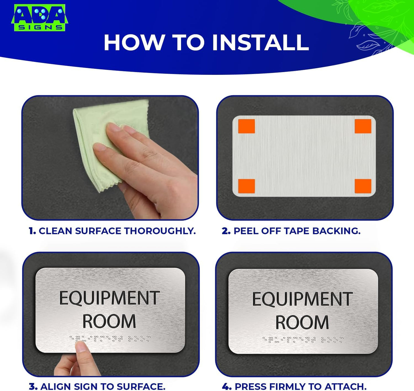 ADASigns Equipment Room Sign 7" W x 4" H - Durable Brushed Aluminum with Grade 2 Braille - Easy Installation with Strong Double Sided Tape - ADA Compliant Office Door Signs for Businesses & Offices