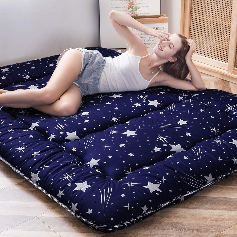 MAXYOYO Navy Starry Sky Japanese Futon Mattress, Tatami Floor Mat, Portable Camping Sleeping Pad, Foldable Roll Up Lounger Bed Full Size with Mattress Protector Cover