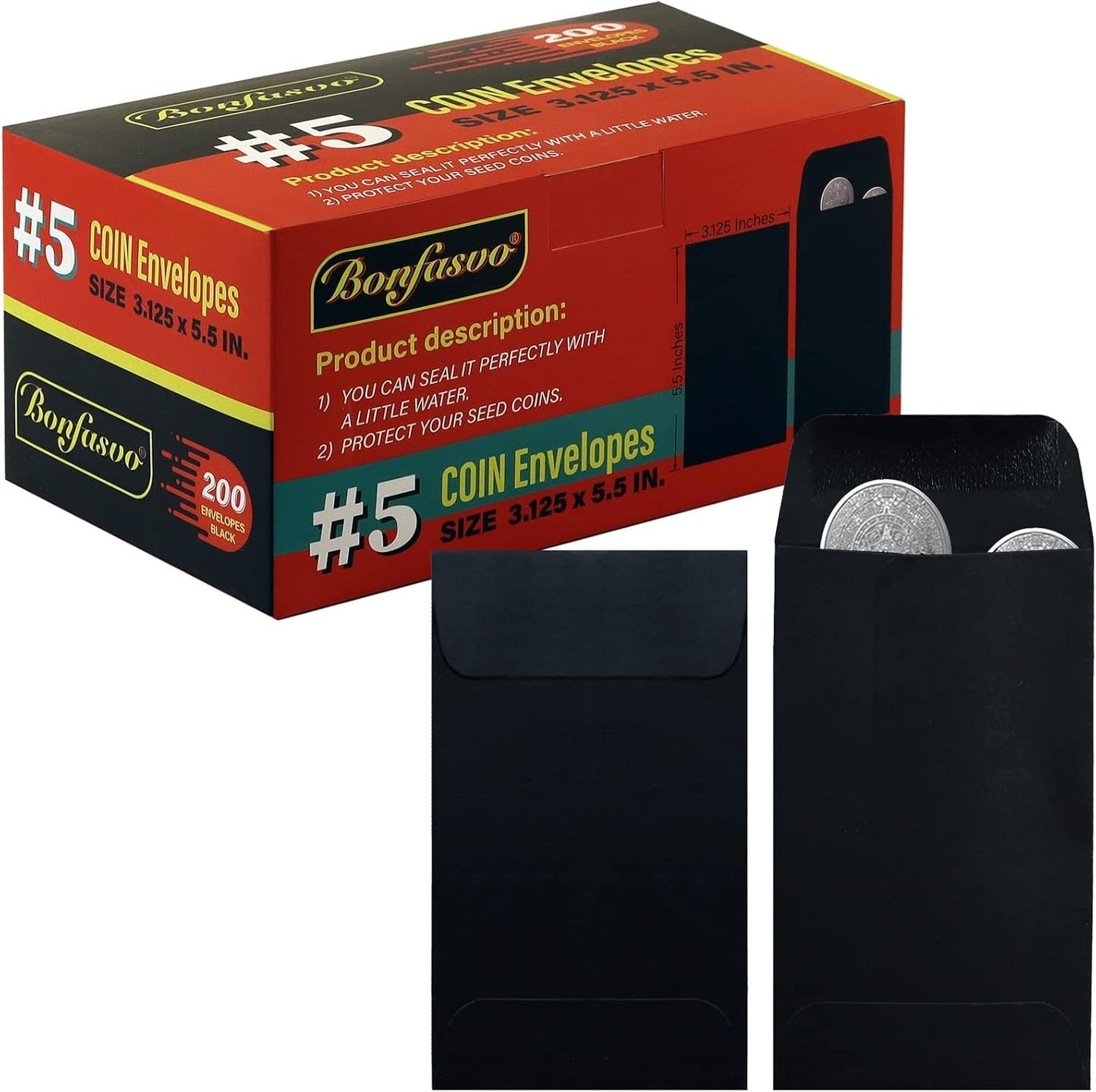 200 Pack #5 Black coin envelope 3.125 x 5.5 inches Kraft Envelopes Classic Small Parts Envelopes with Self Adhesive Gummed Flap for Coins Cash Credit Cards Seeds