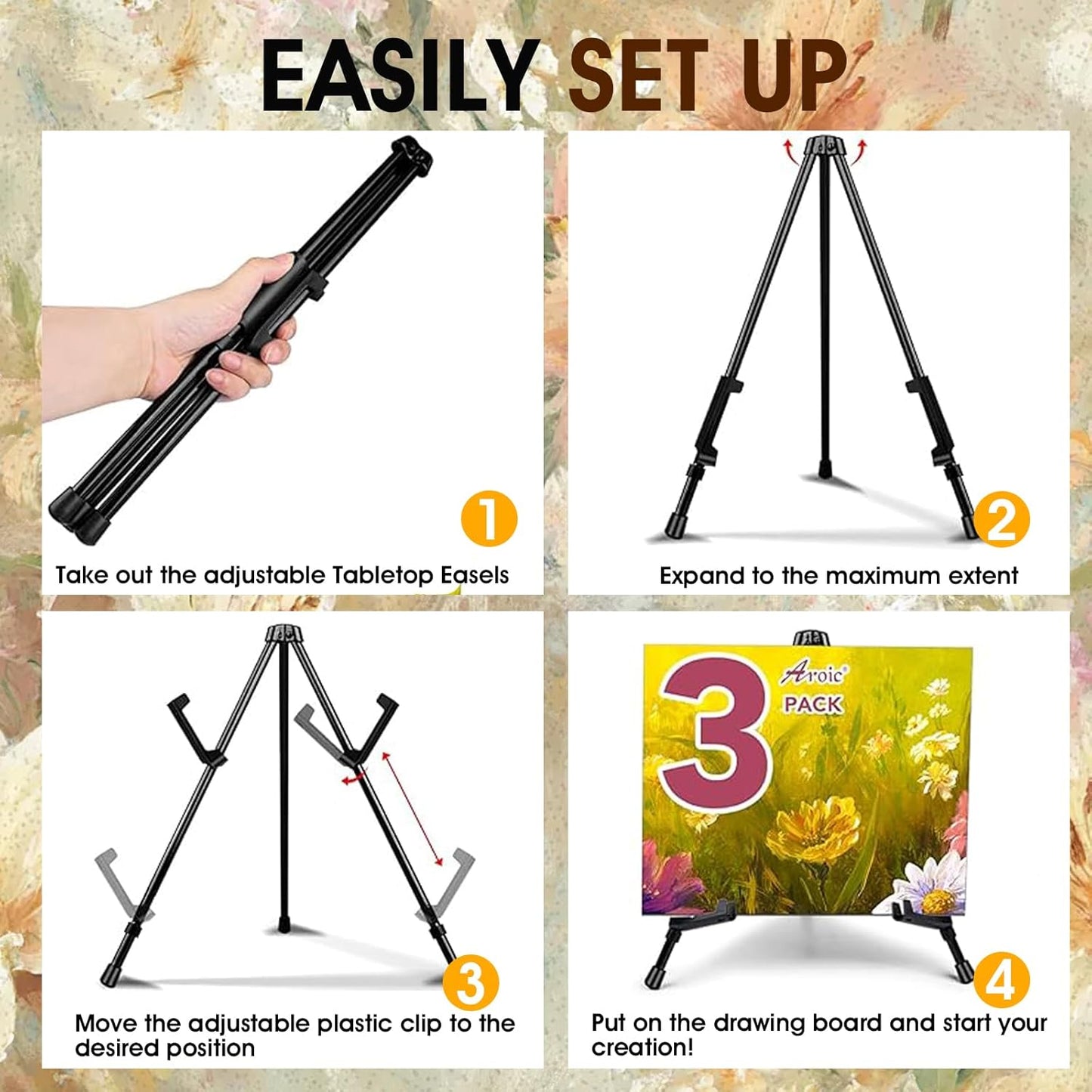 AROIC 24 Pack 14'' Tabletop Easels, Black Steel Table Top Easels for Display, Adjustable Portable Table Top Easel for Paintings, Signs, Posters,Frame Pictures(with 24 Bags)