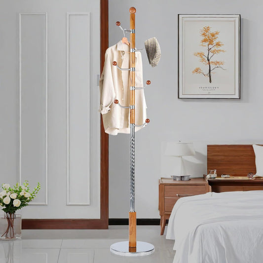 Coat Rack Freestanding, Metal Wooden Coat Tree with 6 Hooks, Heavy Duty Coat Hanger Stand with Resin and Stainless Steel Base, Free Standing Hall Tree for Scarf, Bag, Jacket (Metal)