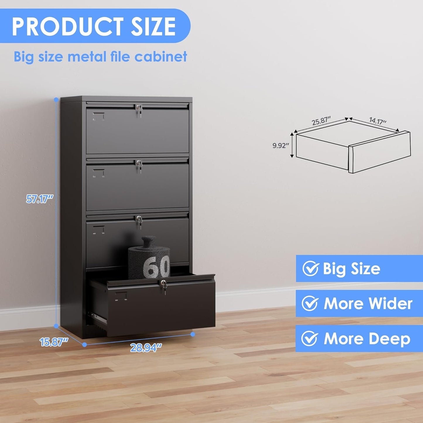 Metal 4 Drawer Lateral File Cabinet with 4 Lock - Wide Filing Cabinet for Letter/Legal/F4/A4 Hanging Files - Includes Business Card Holder,Home Office School Storage,Black