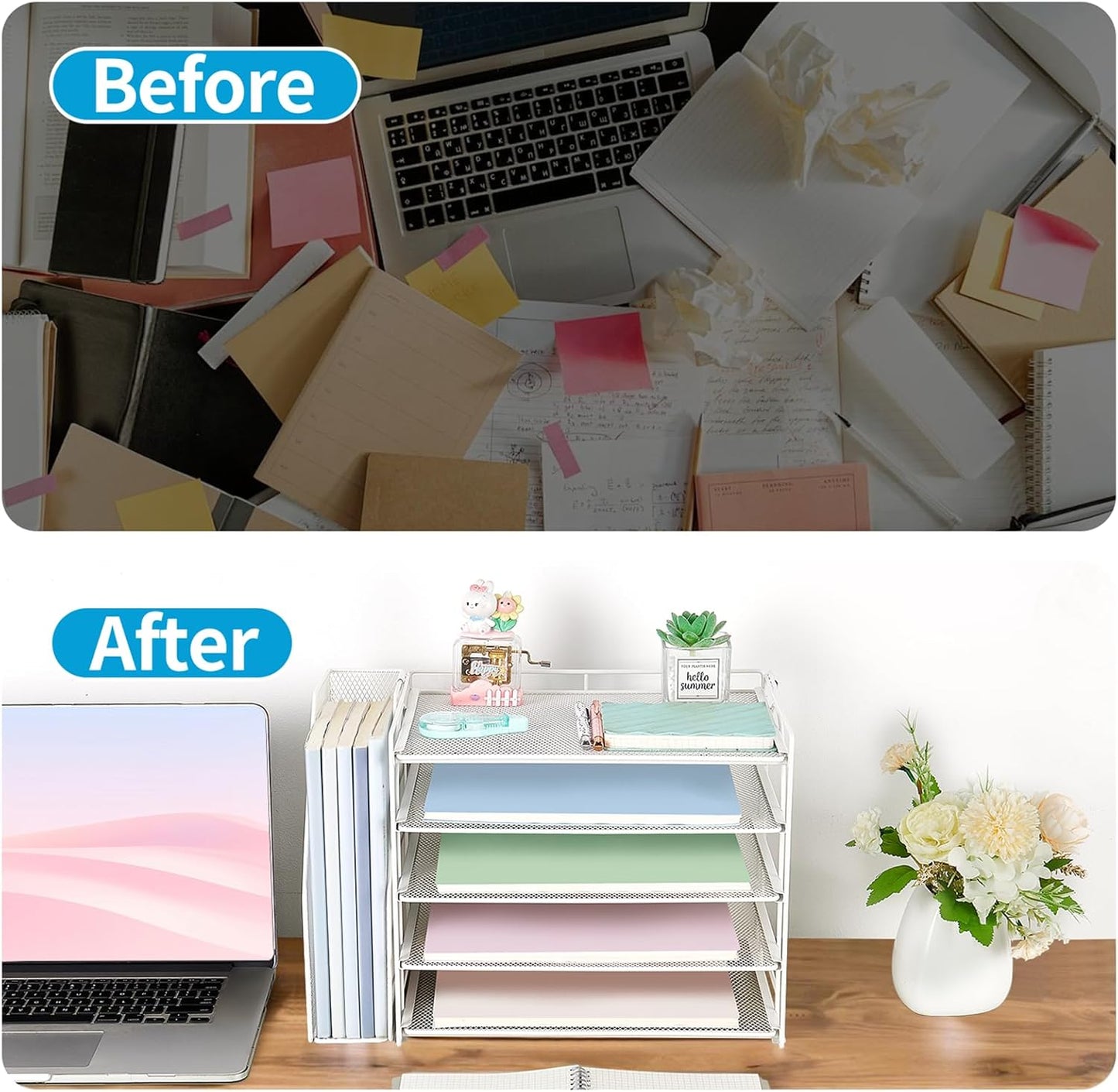 AUPSEN White Desk Organizers and Accessories, 5-Tier Letter Tray Paper Organizer with Adjustable File Holder, Desktop Office Desk Accessories for Office Supplies