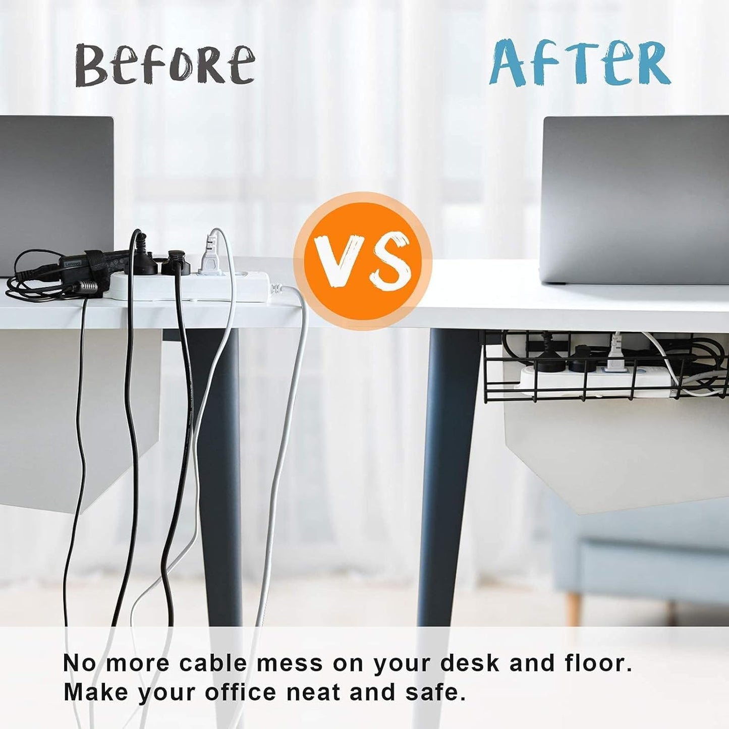 Under Desk Cable Management- 4 Pack Cord Organizer. Metal Wire Cable Management Tray for Office, Studio and Home. Super Sturdy Under Table Cable Managements - Black Cable Organizer