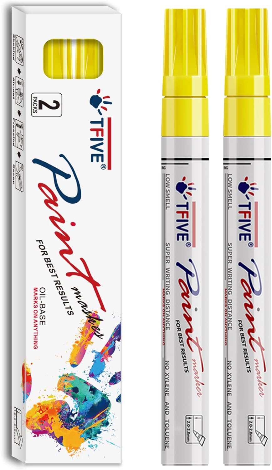 TFIVE Yellow Permanent Paint Marker Pens - 2 Count Oil Based Marker Pen, Medium Tip, Waterproof & Quick Dry, for Office, Art projects, Rock Painting, Ceramic, Glass, Wood, Plastic, Metal, Canvas