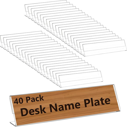 Yalikop 40 Pcs Acrylic Name Plates for Desk 2 x 8 Inches Clear Slant Back Sign Holder Stand License Label Holder for Back to School Classroom Office Conference Business Meeting Table Display