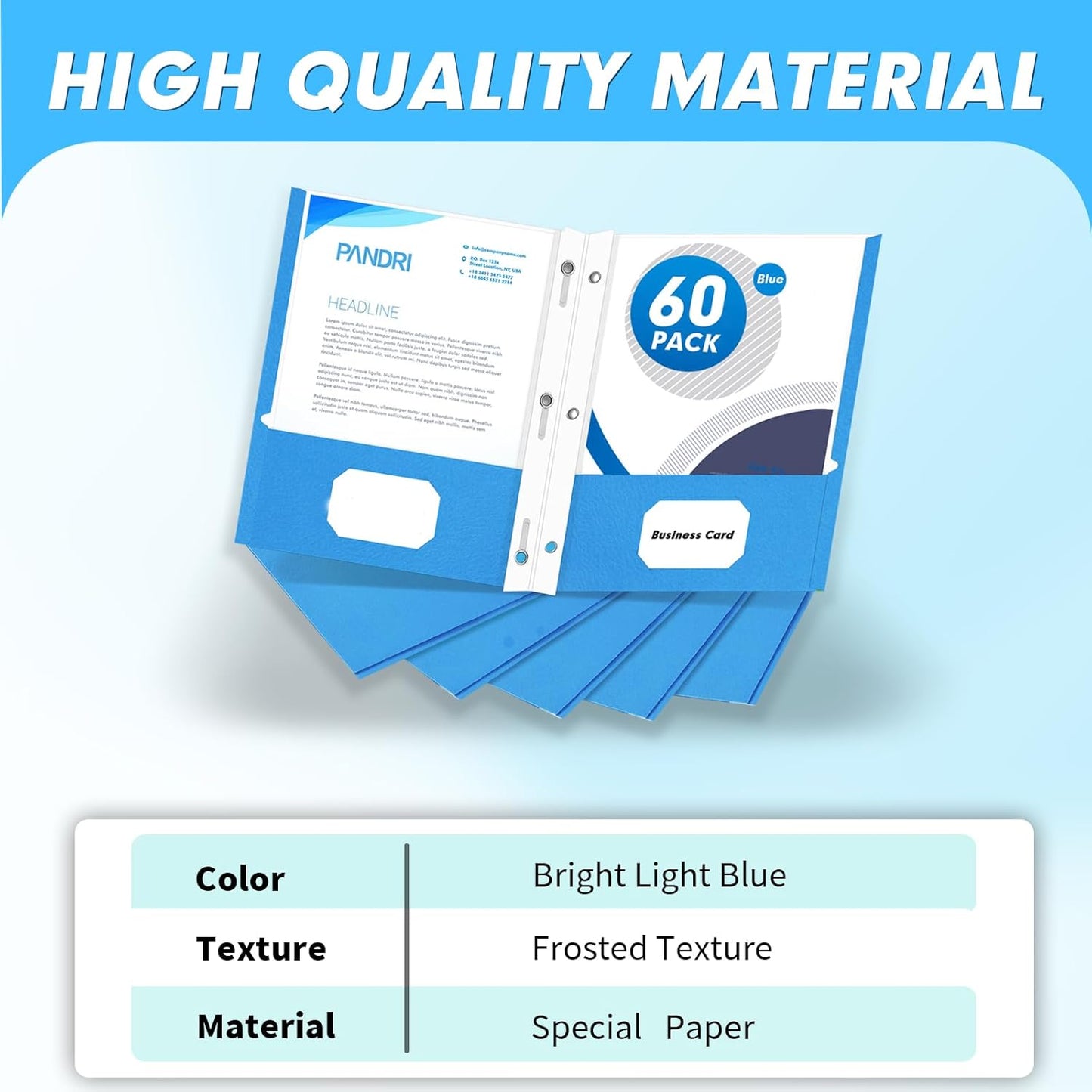 Two Pocket Folders, PANDRI 60 Pack Two Pocket Folders with Prongs, 3 Prong Folders Designed for Office and Classroom, Letter Size Lightblue