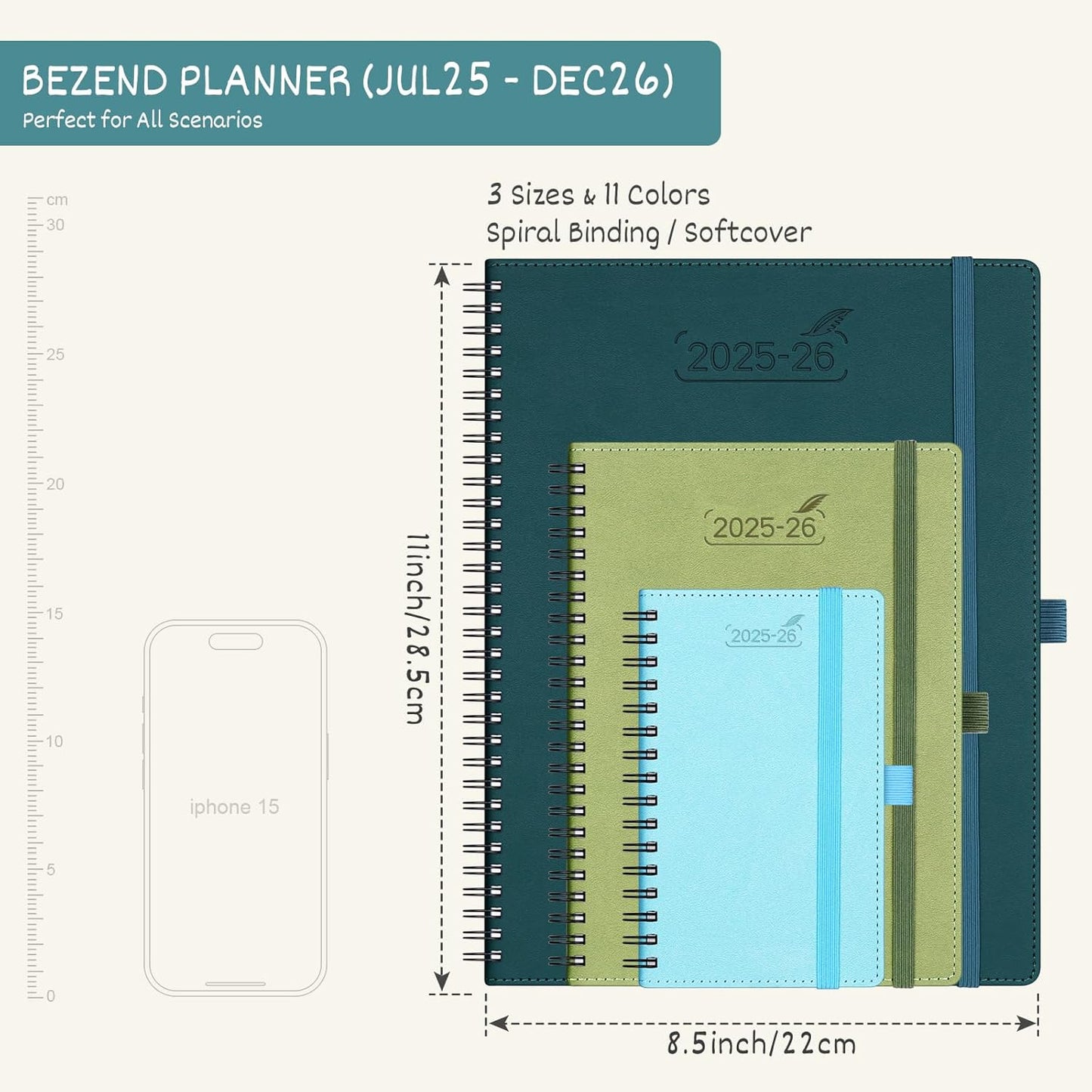 BEZEND Planner 2025-2026 Weekly and Monthly, 8.5" x 11" Academic Calendar (Jul 25-Dec 26) Vertical Daily Appointment with Hourly Timeslot & Monthly Tab, Spiral, PU Leather Softcover - Black