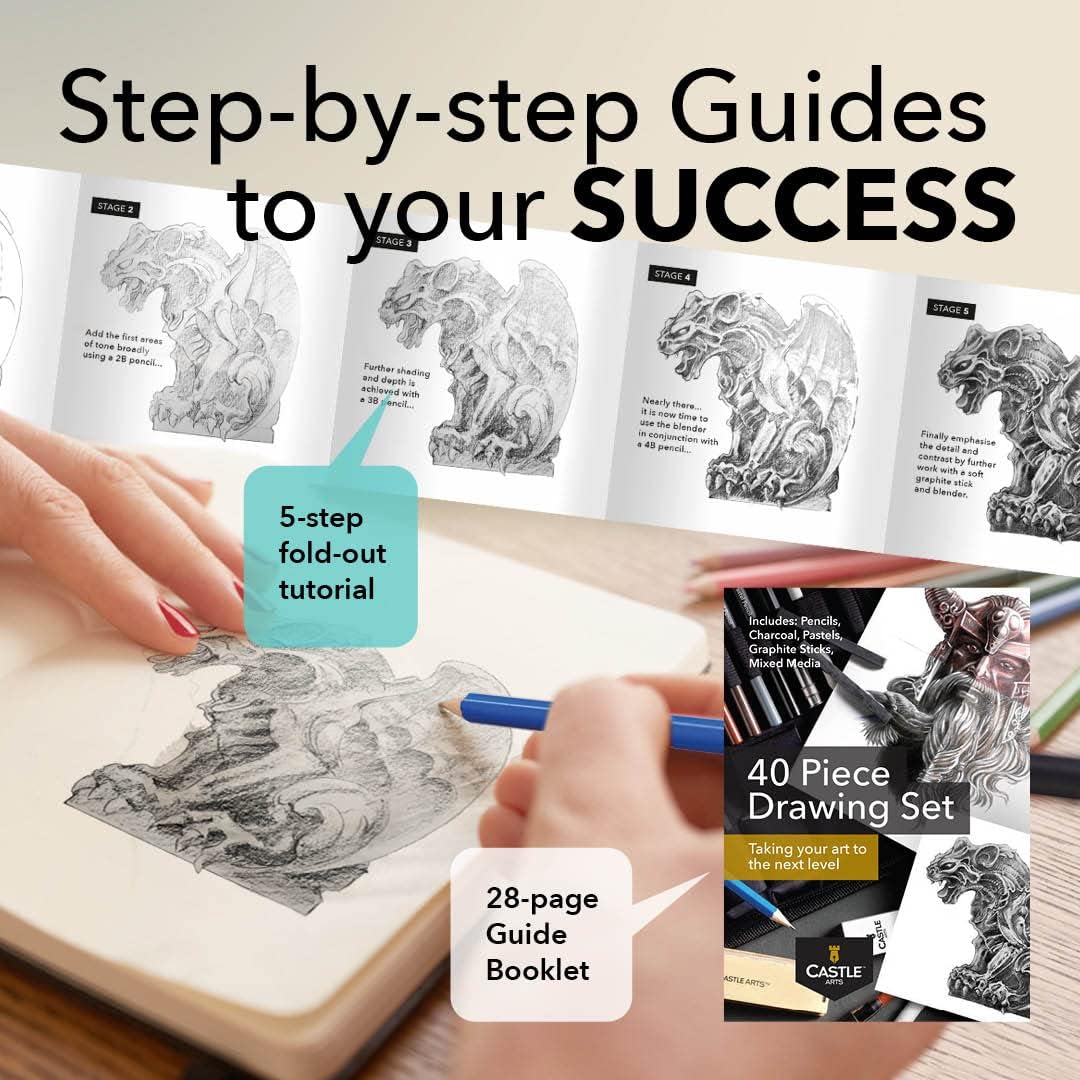 Castle Art Supplies 40 Piece Premium Drawing and Sketching Set with Tutorial | for Artists, Professionals or Beginners | Pencils, Charcoal, Graphite and More | in Neat Carry-Anywhere Zipper Case