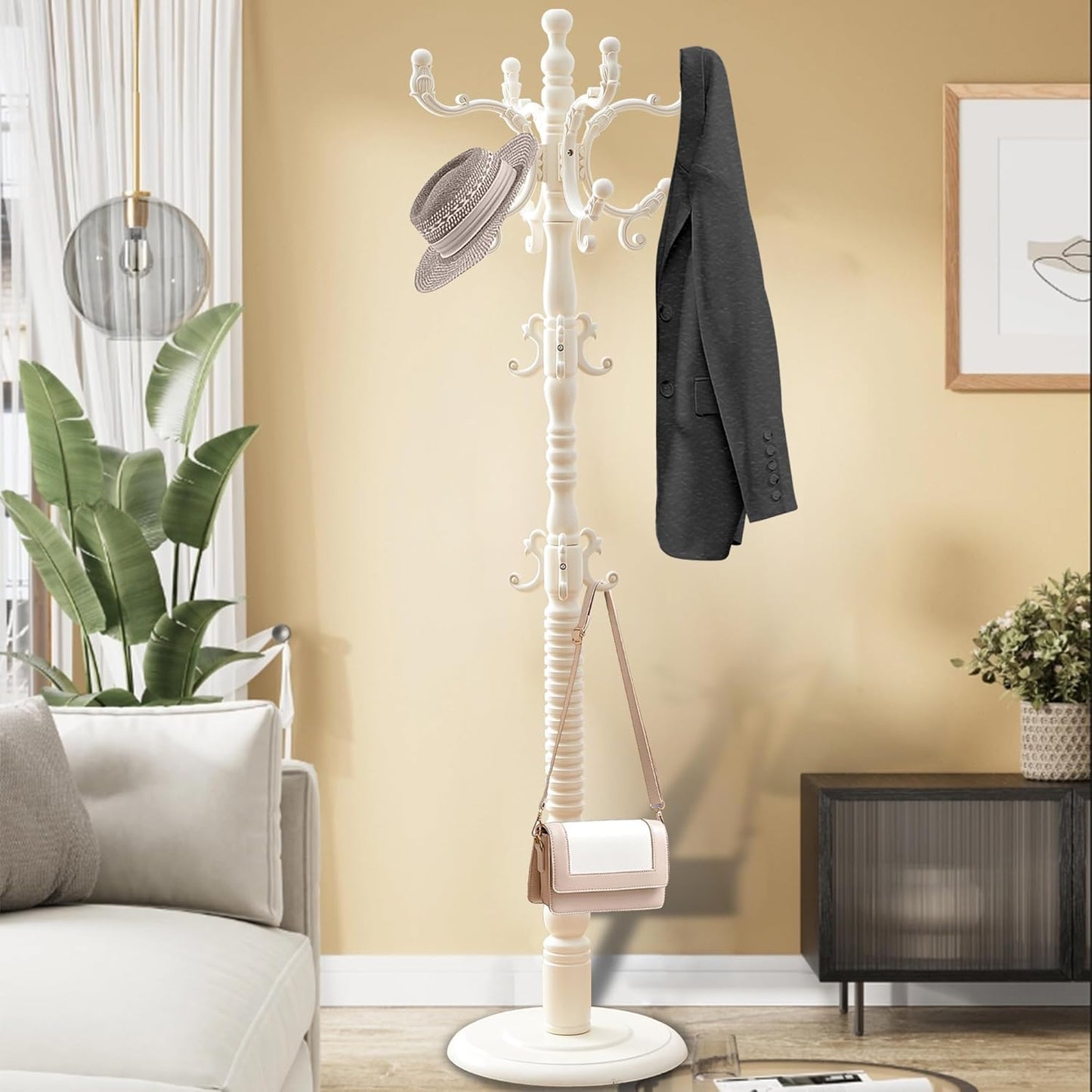 Wooden Coat Rack Free standing 18 Hooks, Vintage Coat Rack Stand for Entryway, Adjustable Height 73", Heavy Duty Coat Tree with Solid Round Base for Home Bedroom, Office (White style)
