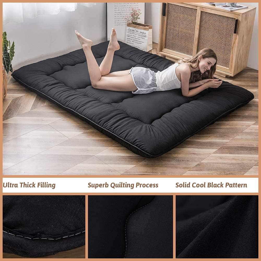MAXYOYO Japanese Floor Mattress Futon Mattress, 4" Thicken Tatami Mat Sleeping Pad Foldable Roll Up Mat Boys Girls Dormitory Pad Kids Floor Lounger Pillow Bed, Black, King