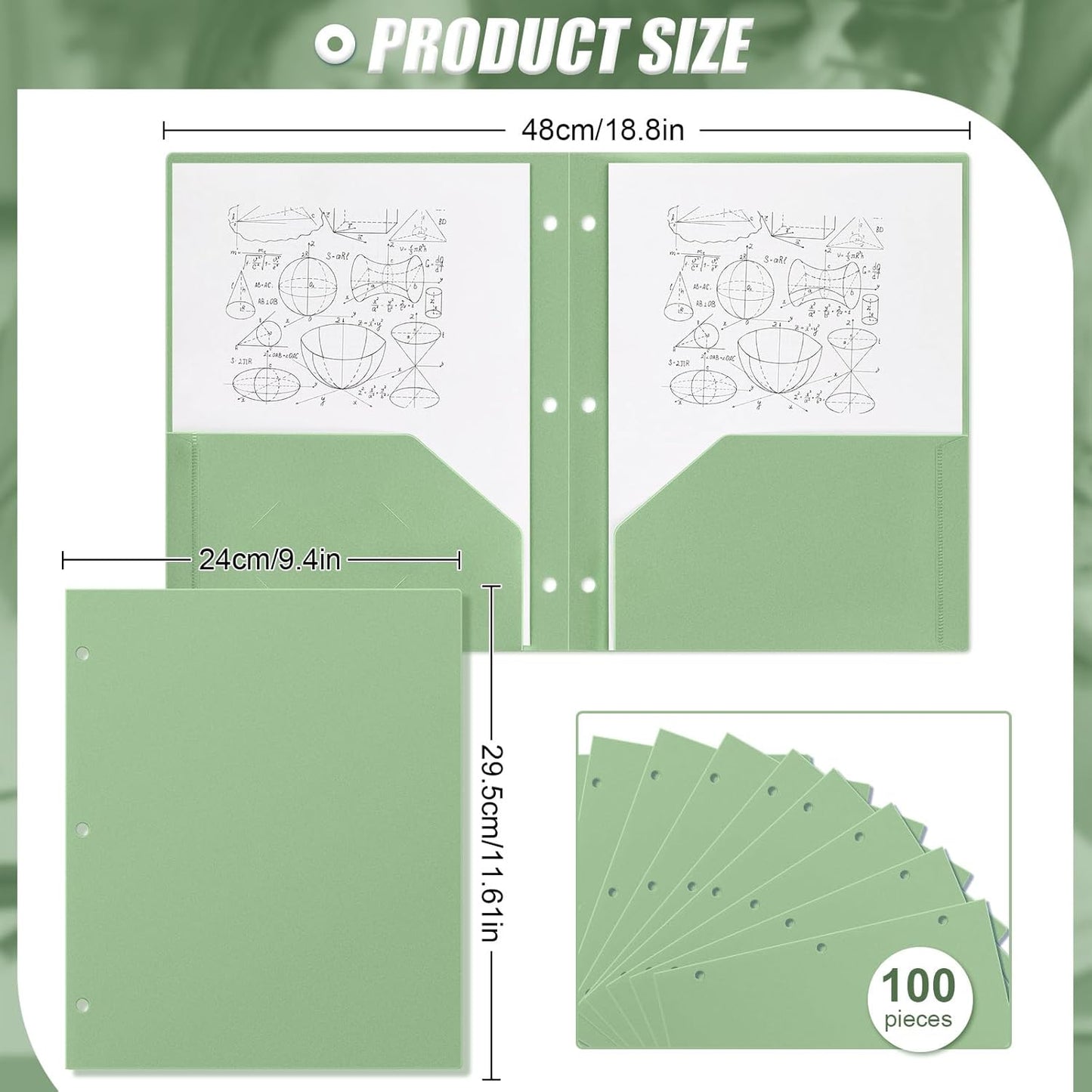 Yeaqee 100 Pcs Plastic Folders with Pockets Bulk 3 Hole Punched 2 Pocket File Folders for 3 Ring Binder Divider Folder for Notebooks, Durable Poly for Office Home (Sage Green)