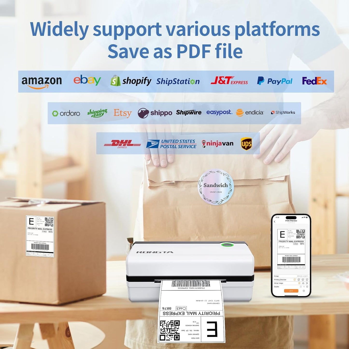 Rongta Bluetooth Thermal Shipping Label Printer, Wireless 4x6 Shipping Label Printer for Packages, Support Android&iPhone and Windows, Widely Used for Amazon, Ebay, Shopify, Etsy, USPS