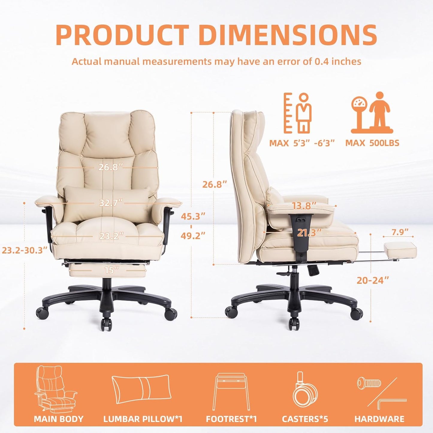 Big and Tall Office Chair 500lbs Wide Seat Executive Office Desk Chair High-Back Office Task Chair with Foot Rest, Ergonomic Lumbar Support Computer Office Chairs for Heavy People(Beige)
