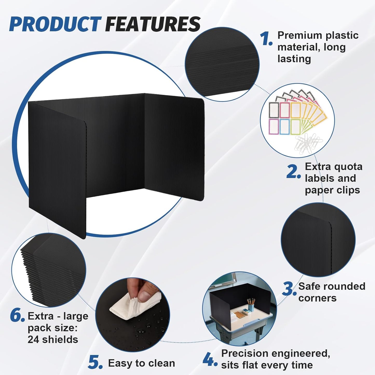 24 Pack Desk Dividers for Students,3-Fold Privacy Screens,Testing Dividers for Classroom Waterproof,Plastic Easy Clean Privacy Shields for Student Includes Extra Labels