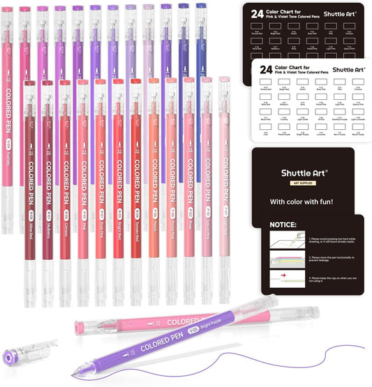 Shuttle Art Colored Pens, 24 Pink & Purple Tone Colors Cute Journal Pens 0.6mm Fine Point Colored Gel Pens for Black Paper Adult Coloring Writing Drawing Journaling Note Taking School Office Home