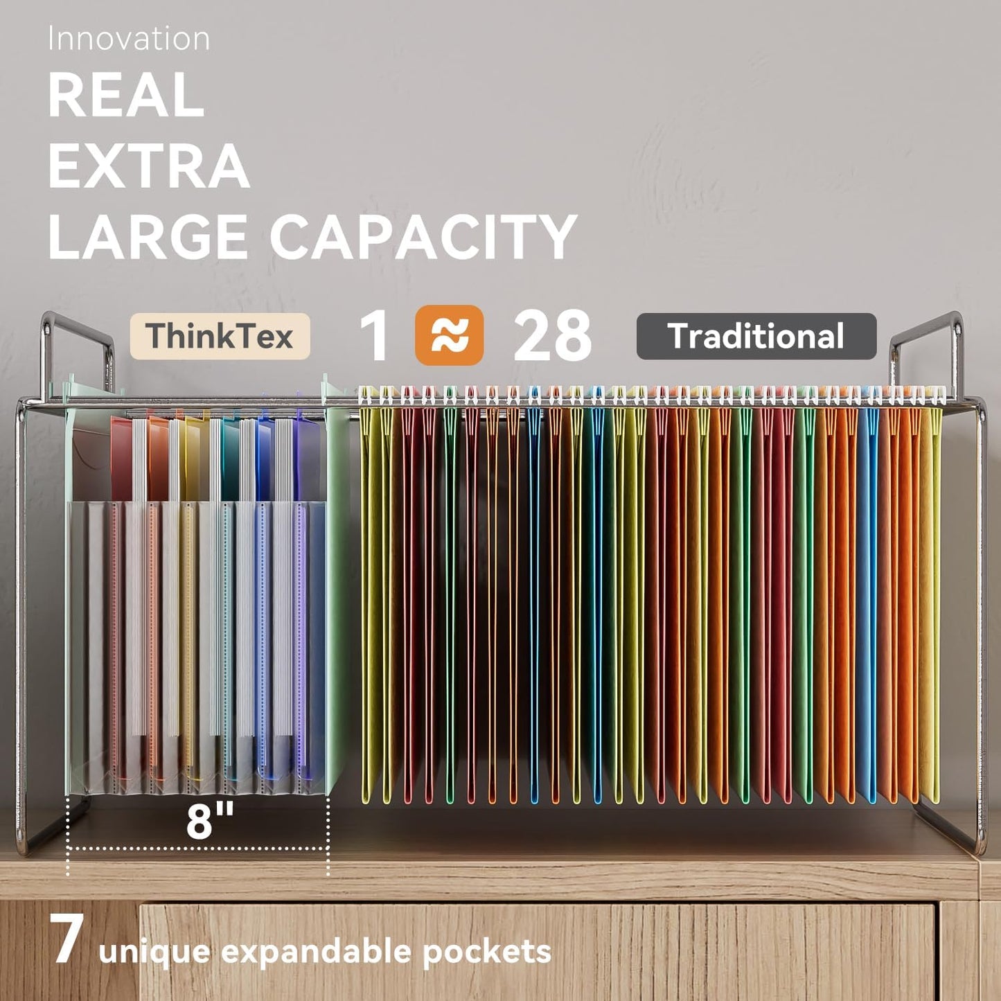 ThinkTex Plastic Expanding Hanging File Folders, 7 Innovative 1.2" Accordion Pockets, Large Capacity, Multi-Color Tabs, Letter Size for Filing Cabinet - Green