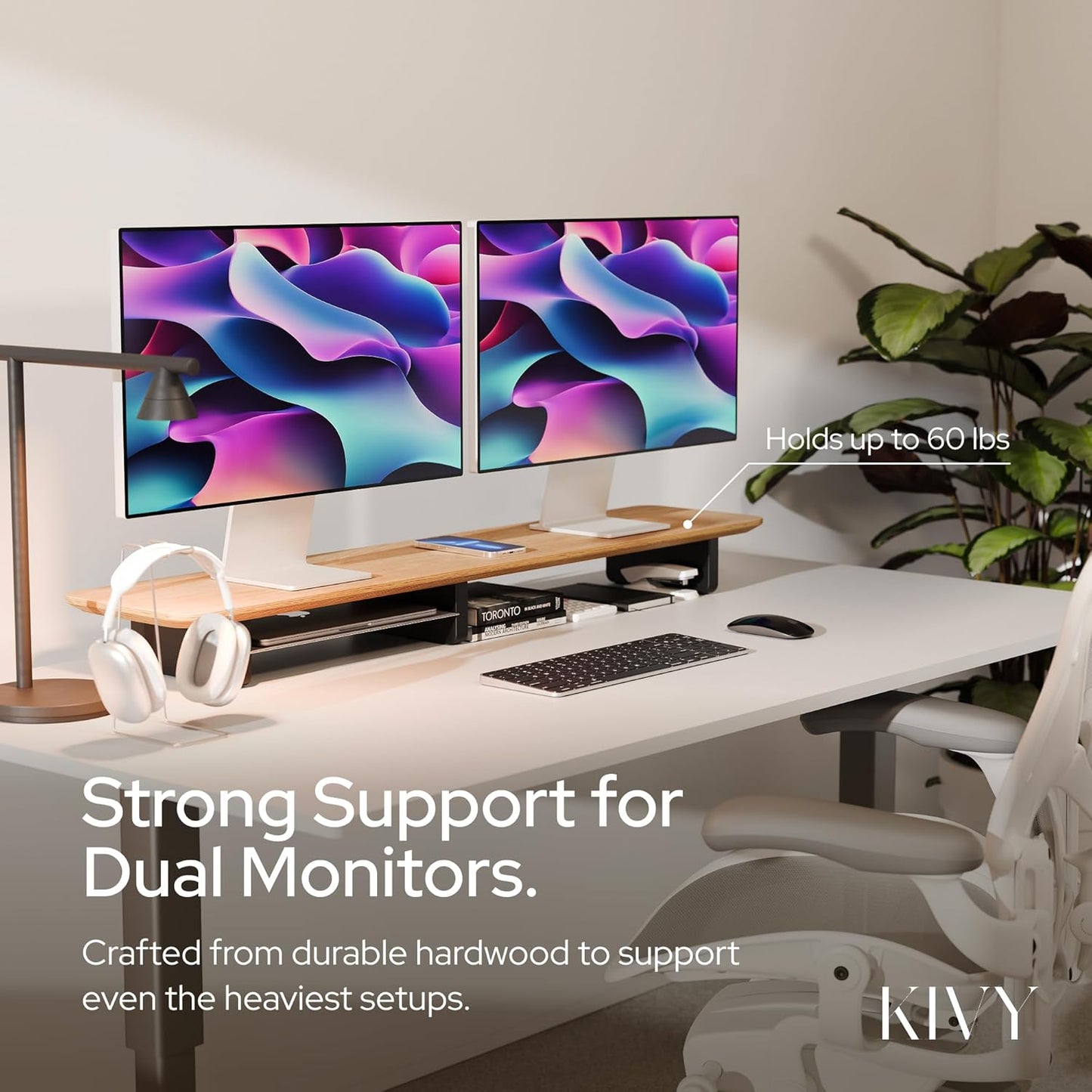 KIVY Dual Monitor Riser With Integrated Metal Shelf [MADE BY HAND] - Wooden Desk Shelf for 2 Monitors - Wide Long Stand for Desk (44 x10x3in - Black)
