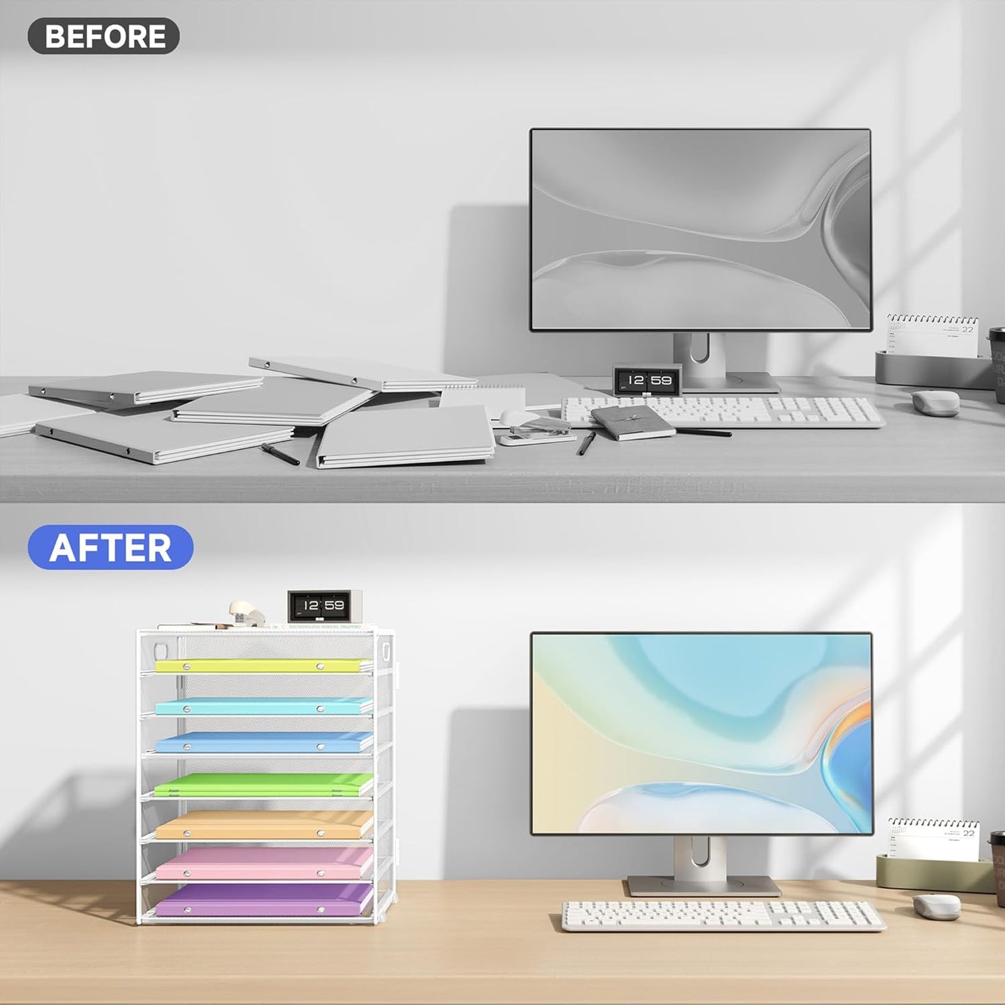 8 Tier Paper Organizer with Handle, Metal Mesh Desk File Organizer, Large Capacity Desk Organizers Paper Letter Tray Desktop Document Sorter for Office, Home or School - White