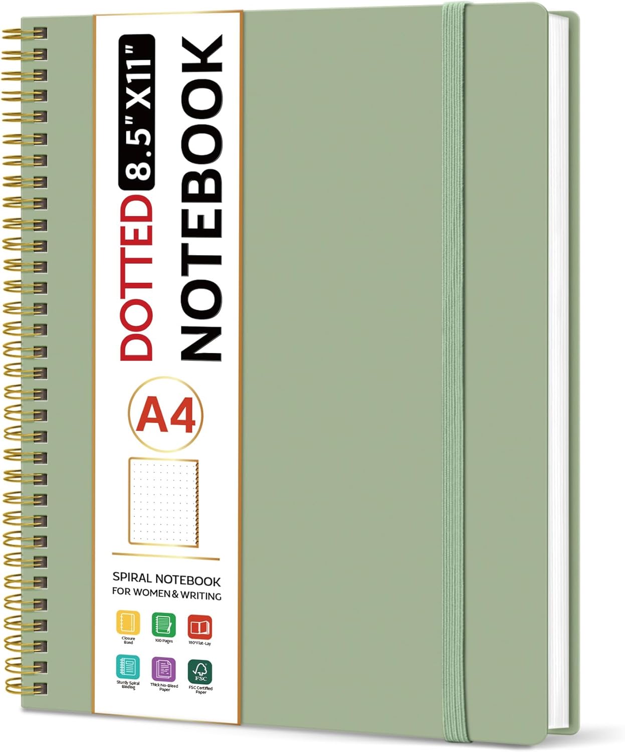 Taja Spiral Dotted Notebook, 8.5"x11" Notebooks for Work, Large A4 Journal for Women & Men, Bullet Dotted Journal, Journaling Notebook for Writing, Plastic Cover Spiral Journal, Green