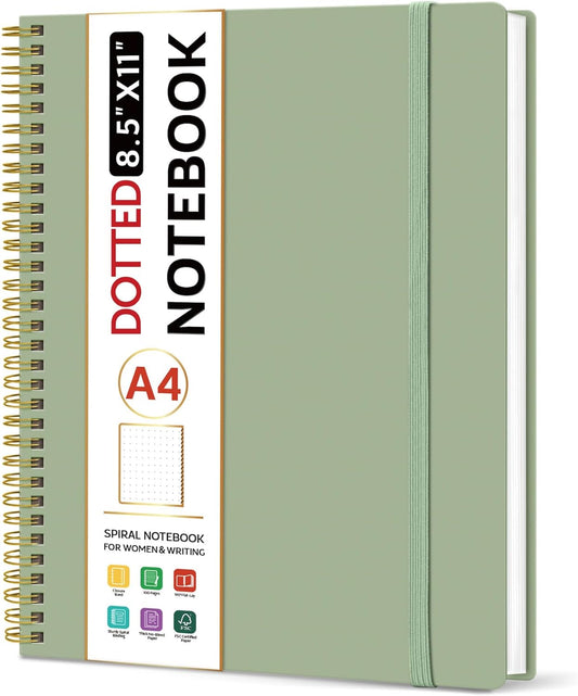 Taja Spiral Dotted Notebook, 8.5"x11" Notebooks for Work, Large A4 Journal for Women & Men, Bullet Dotted Journal, Journaling Notebook for Writing, Plastic Cover Spiral Journal, Green