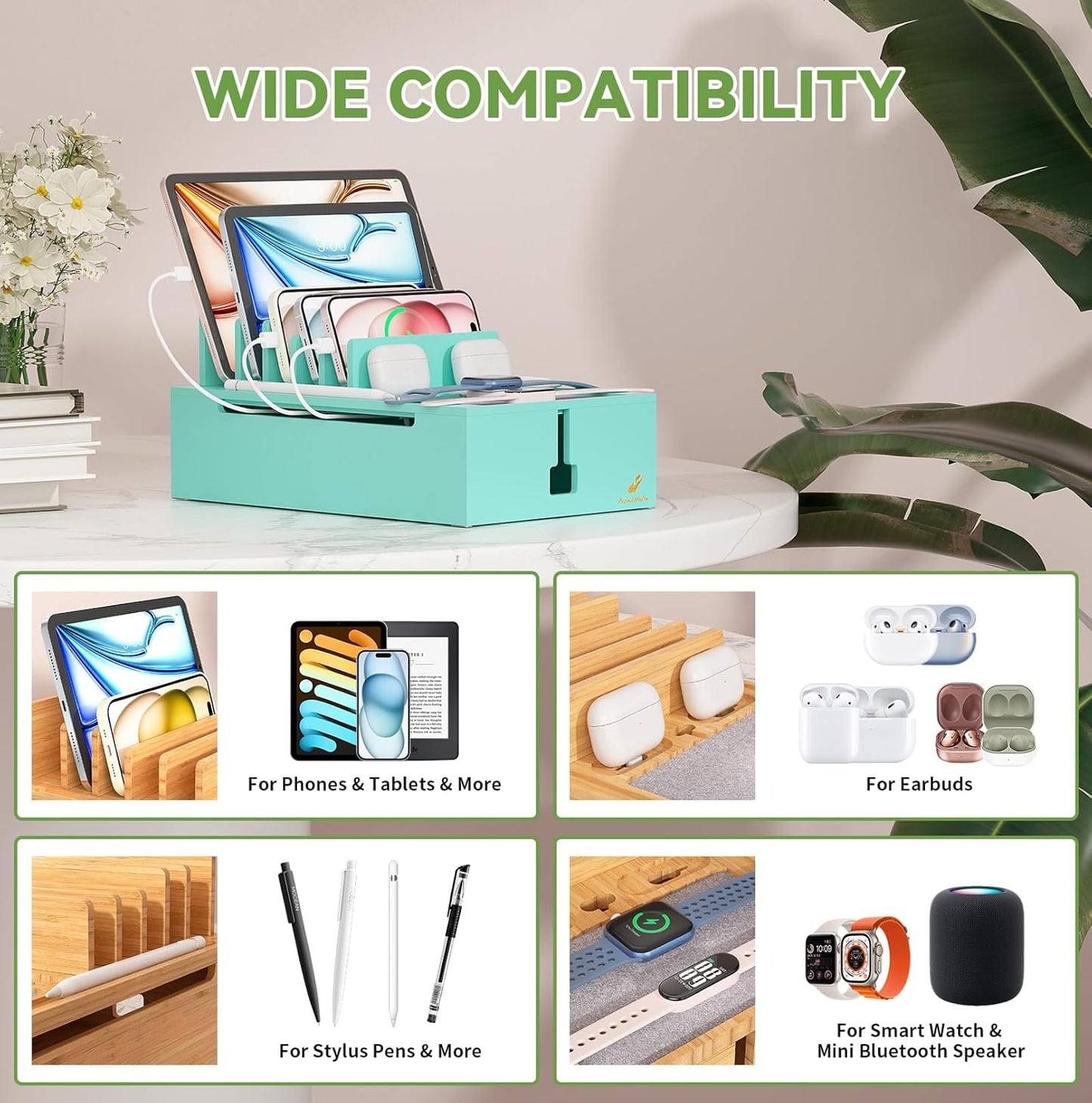 Pezin & Hulin Bamboo Charging Station, Electronic Devices Organizer for Multiple Devices Charger Such As Cell Phone, Tablet, Watch and More, Teal, (No USB Charger and Cables