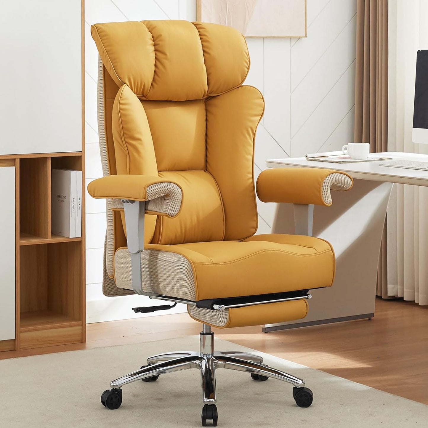 Efomao Big and Tall Green Office Chair 450LBS – Ergonomic High-Back Executive Chair with Footrest, Adjustable Padded Armrests, PU Leather Computer Chair with Lumbar Support for Home or Office, Yellow
