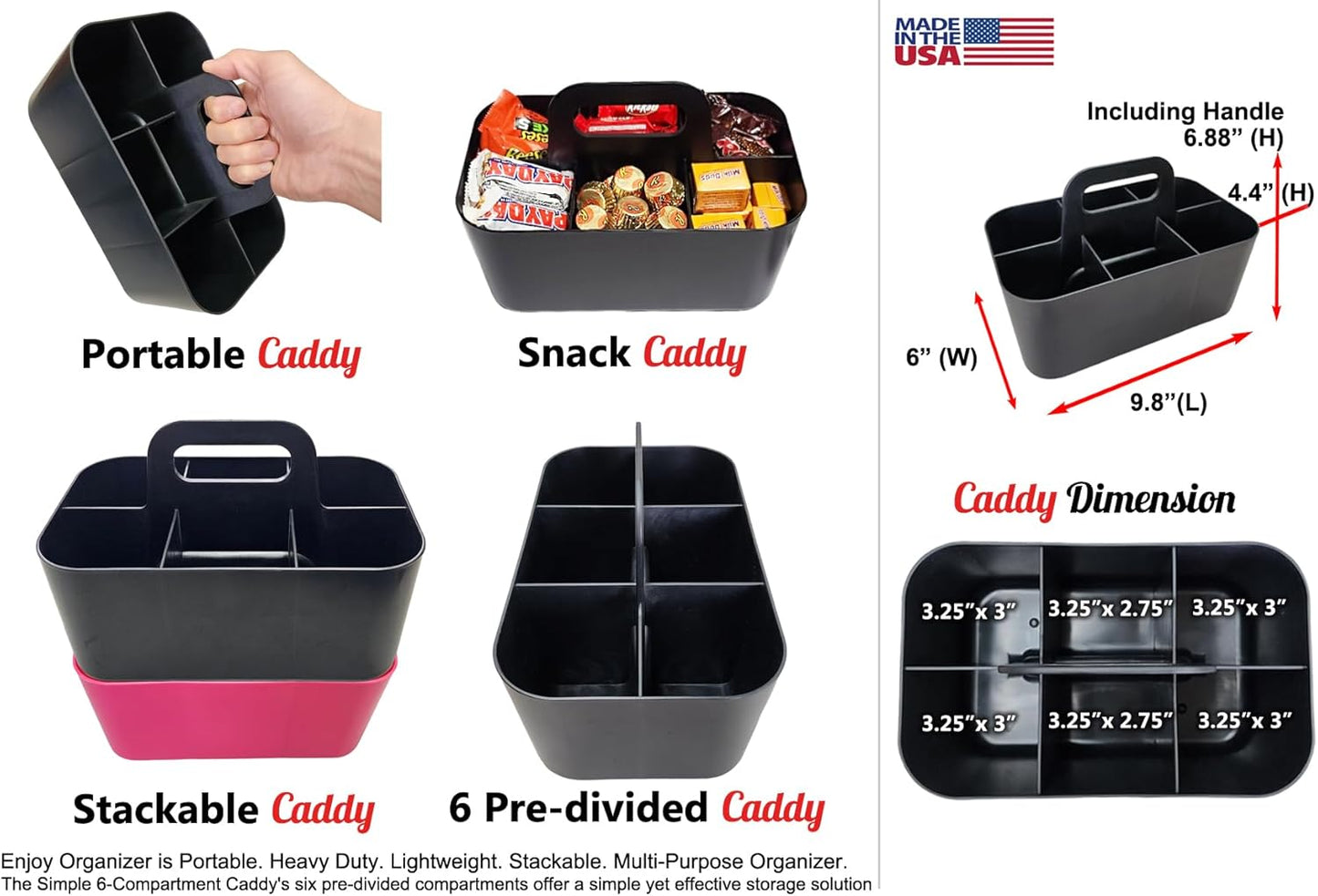 2 Pack Small 6 Compartment Multiuse Caddy Organizer with Handle Art Craft Supplies, Office, Desk, Stationery Pen Holder Stackable- Made In USA (Black/Pink)