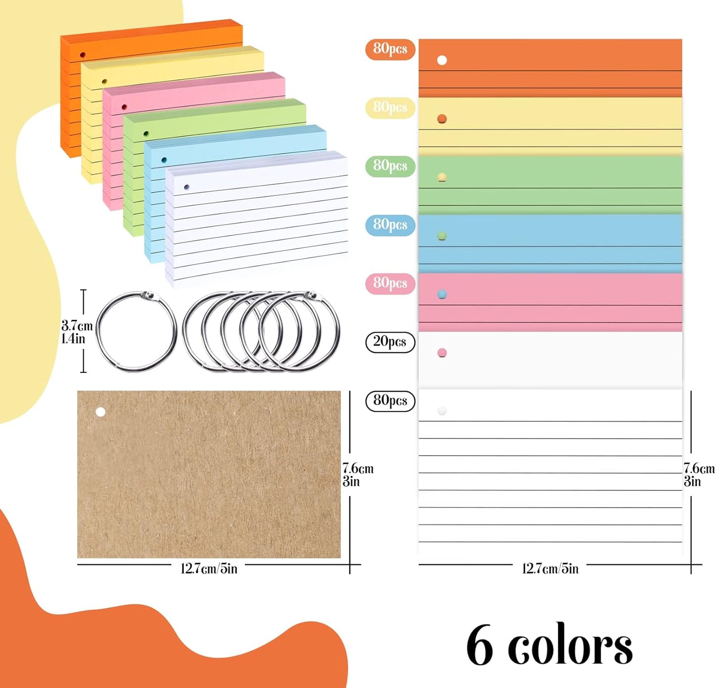 500PCS Index Cards with Ring,3 x 5 Inches Flash Cards,Punched Lined Flashcards,Heavy Study Note Card,Vocabulary Cards,Colored Ruled Note Cards for Office,School,Home,Learning,College