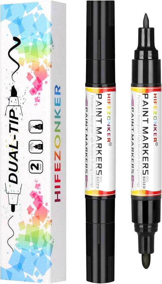 Black Paint Pen Black Paint Marker - 2 Pack Dual Tip Oil Based Black Permanent Markers,Extra Fine Tip & Medium Fine Tip(0.7mm & 3mm),Quick Drying, Waterproof, Marker Pen for Fabric (2 Black)