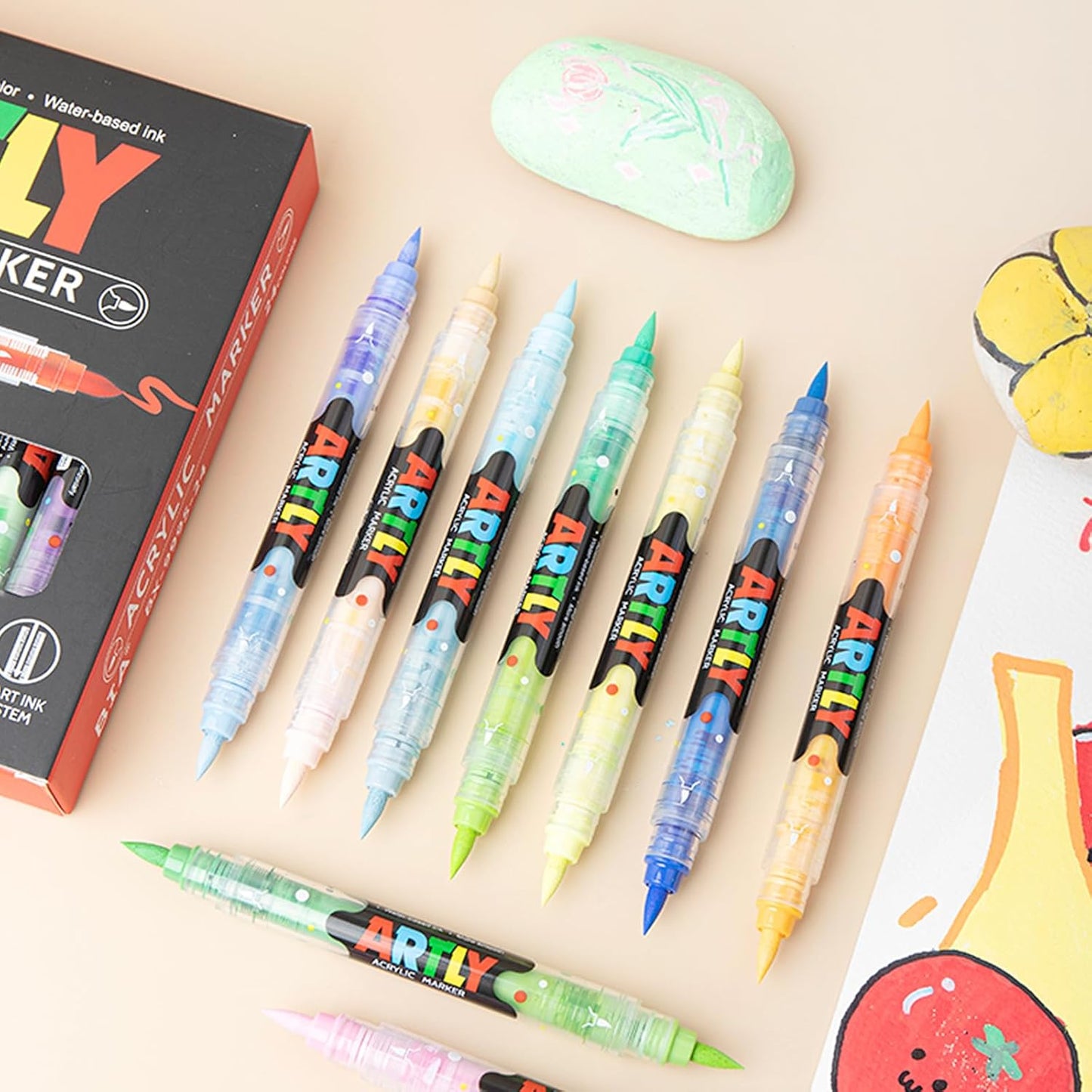 48 Colors Paint Markers, Dual-Color Acrylic Pens with Brush Tips, Double Tipped for Rocks & Art Supplies (24Pcs/48Colors)