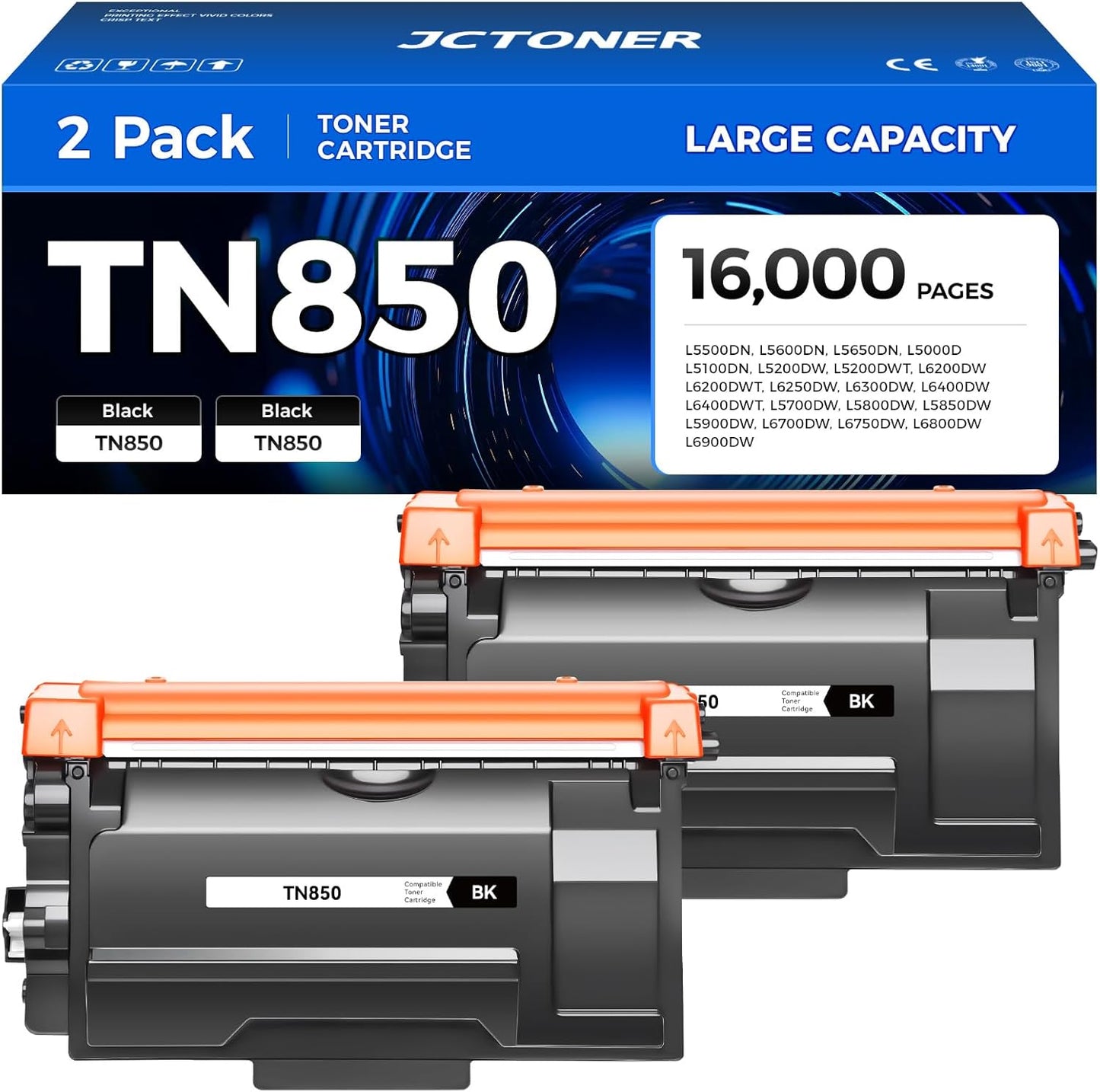TN850 Black Toner Cartridge 2-Pack High Yield Compatible for Brother TN-850 TN880 TN820 TN890 HL-L6200DW L6200DWT L5200DW L5100DN L6400DW MFC-L5800DW L5700DW L6700DW L6800DW DCP-L5600DN Printer Ink
