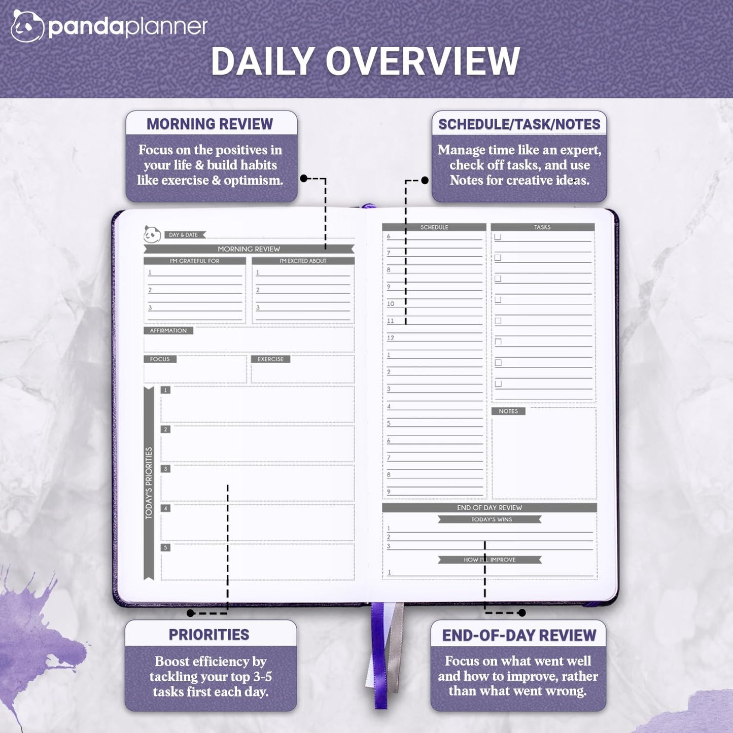 Panda Planner Classic Daily Planner 2025-2026 – Undated Day Planner & Productivity Calendar Notebook for Focus, Goals & Time Management – Purple