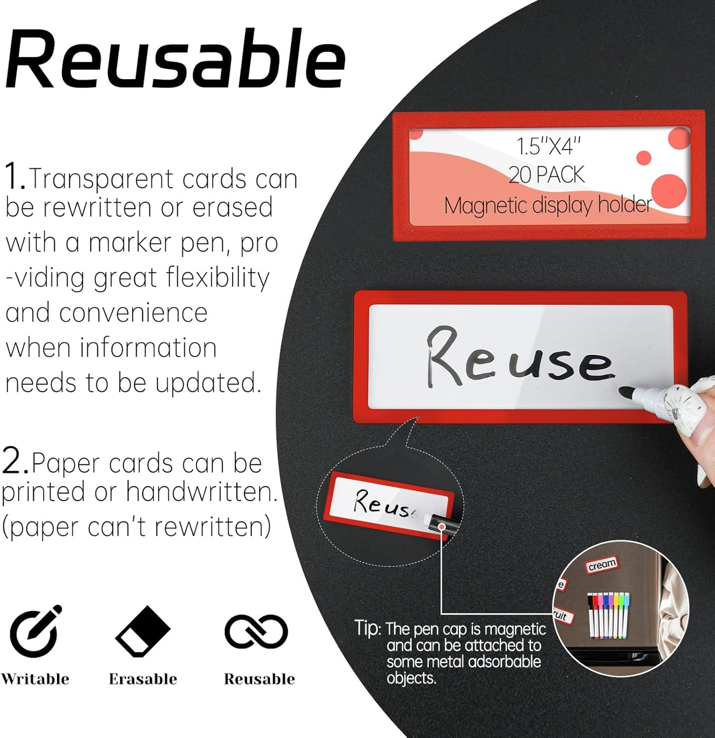 20Pcs Magnetic Plastic Label Holder 1.5x4 inch for Supermarket Store Price Tag Metal Shelf File Storage Cabinet Drawer Label Tag Resuable with 8 Color Chalk Makers, 20Pcs White Paper (Red)