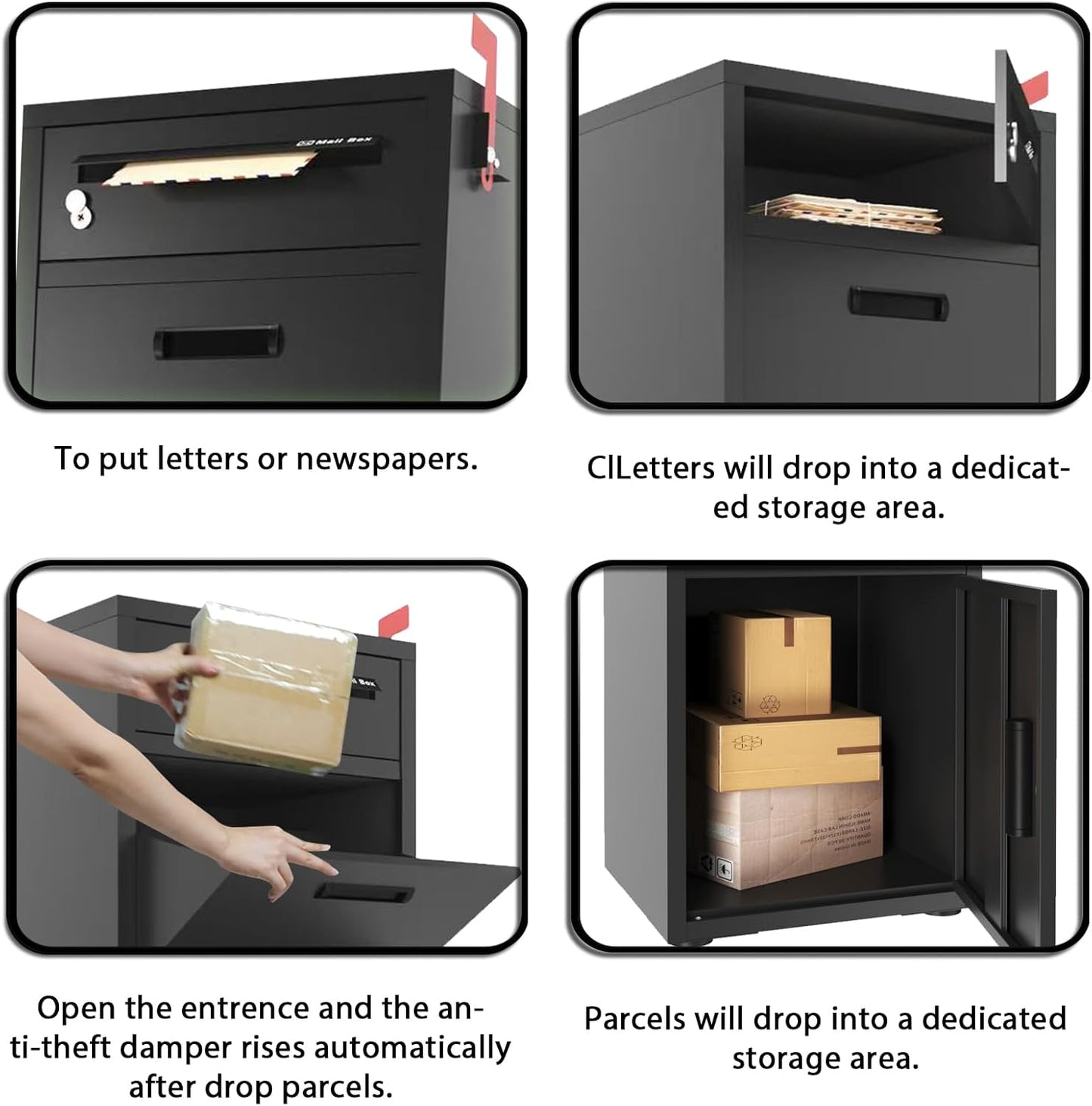 Package Delivery Boxes for Outside, Large Parcel Drop Boxes with Lock, Customize Address Stickers Package Drop Boxes for Outside is Waterproof,Package Delivery Box for Porch (Black，40"*17.7"*15 in)