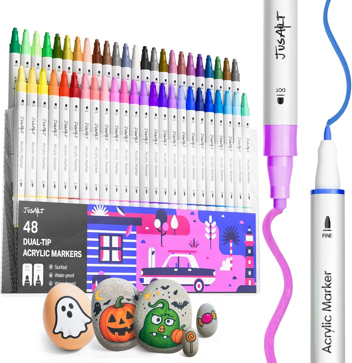 JusArt 48 Colors Dual Tip Acrylic Paint Markers with Dot and Fine Tip, No-Bleed Paint Pens and Waterproof Markers for Rock, Wood, Glass, Ceramic - Vibrant Art Supplies for Kids, Beginners & Artists