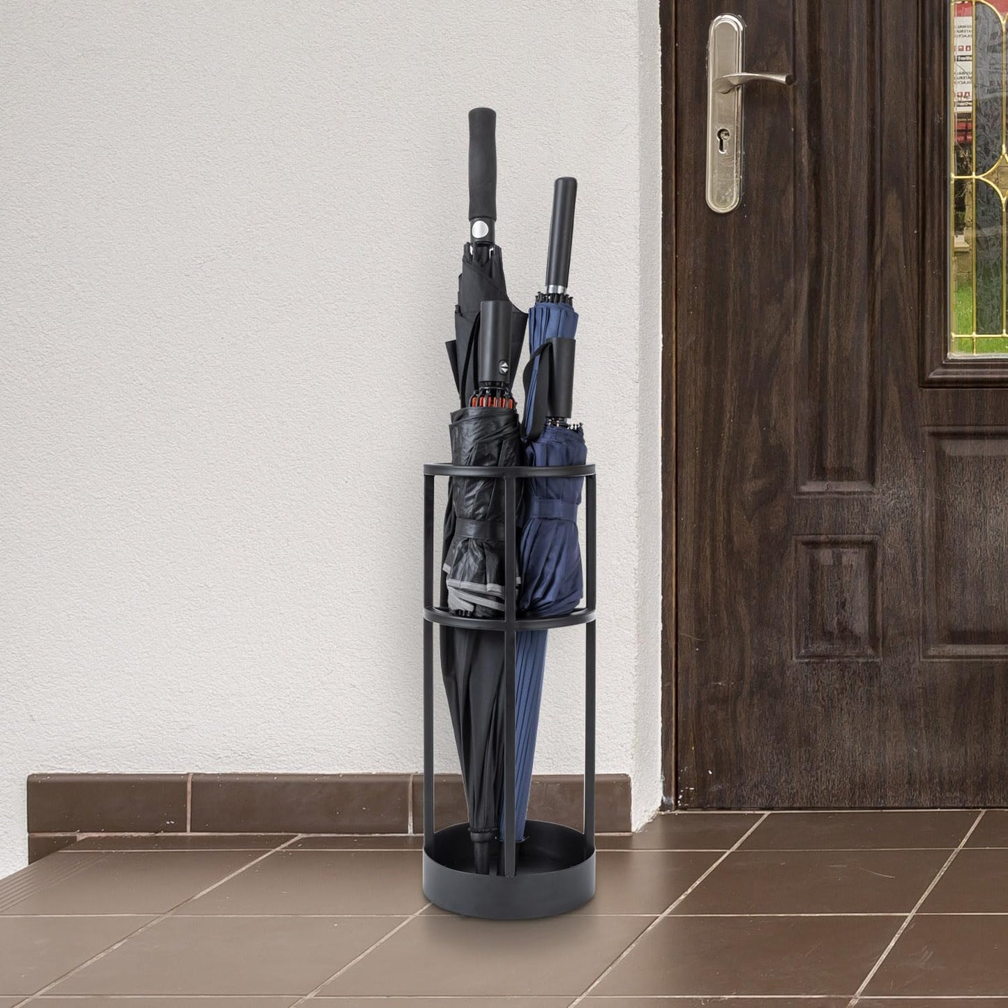 MyGift 20 Inch Tall Modern Round Matte Black Metal Freestanding Entryway Umbrella Rack or Cane Holder with Shelf for Small Umbrellas and Bottom Drip Catch