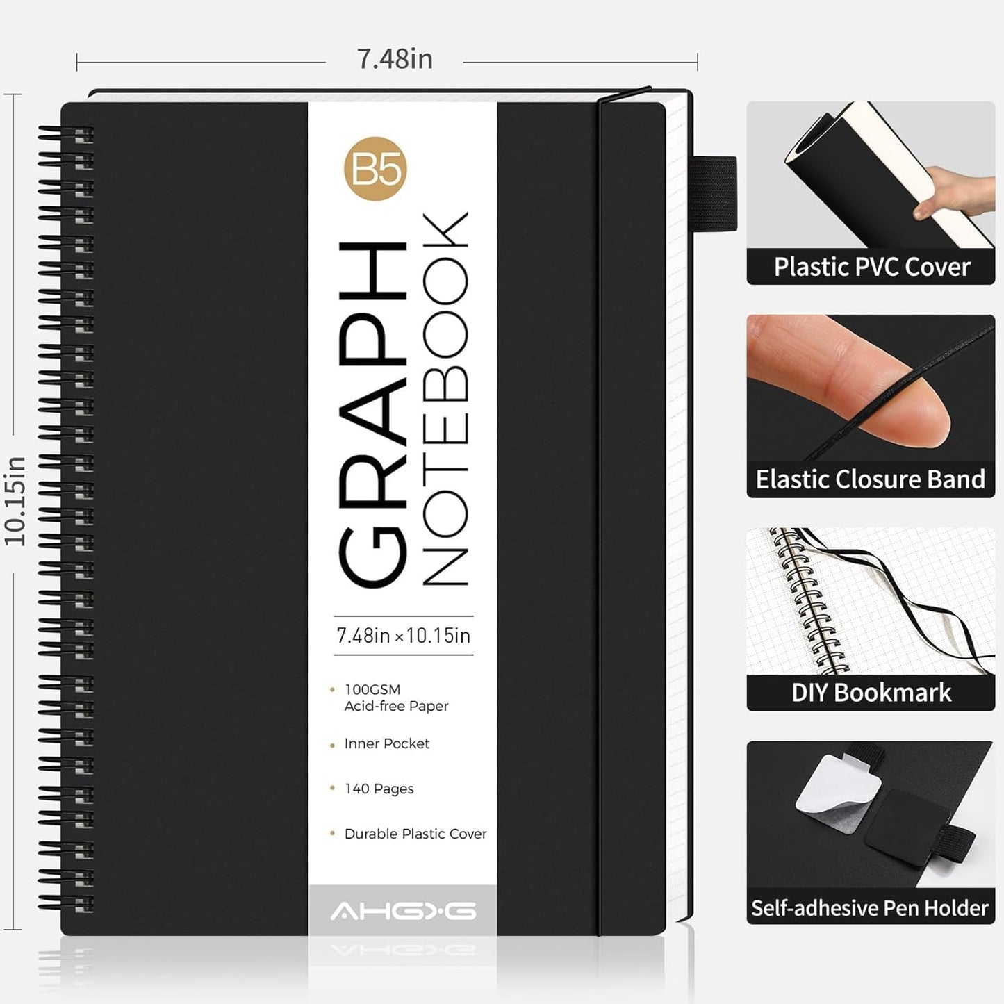 AHGXG Graph Paper Notebook - Spiral Notebook Journal 7.6" x 10", B5 Large Graph Notebook, 140 Pages, 100 gsm Thick Grid Paper, Waterproof Plastic Cover, for School Writing Engineering, Black