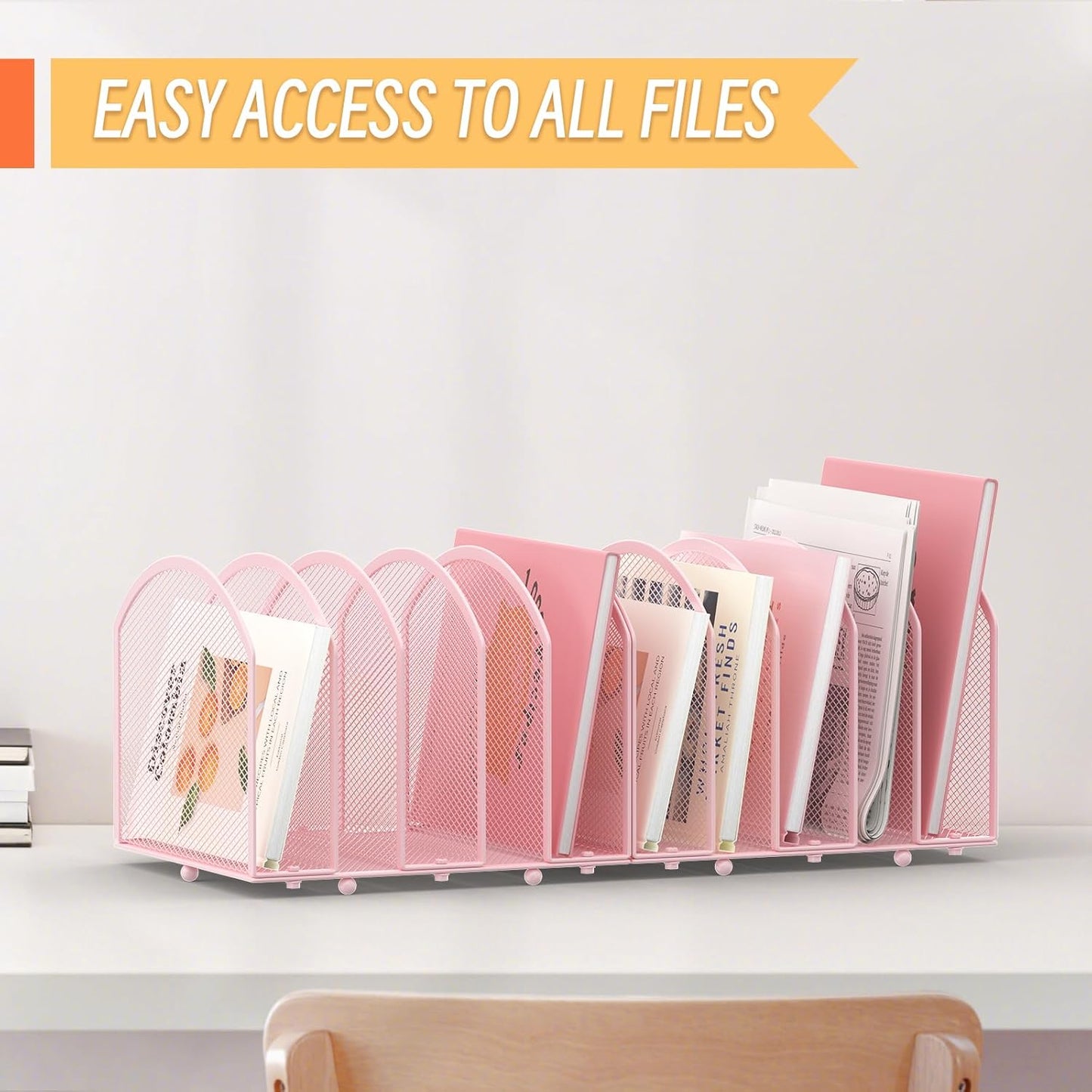 Desk File Organizer 5 Sections Desktop Organizer File Sorter Office Organization File Folder Holder for Office School & Classroom (Pink, 5 Section - 1Pack)