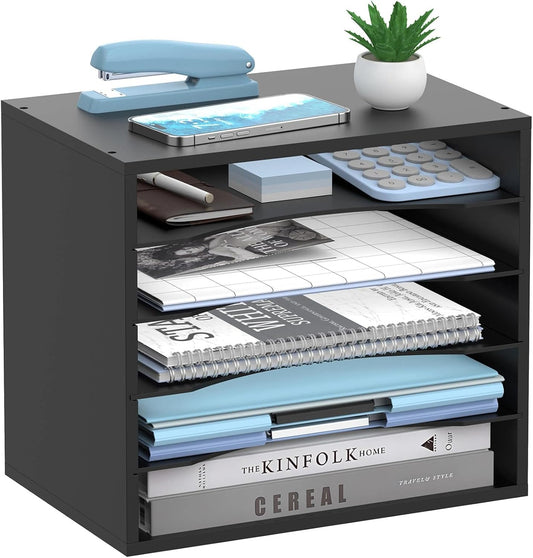 5-Tier Wood Desk Organizer, Paper Tray Organizer for Desk with Adjustable Storage Shelves, Desktop Paper Sorter Mail Holder for Office Home Classroom, Black