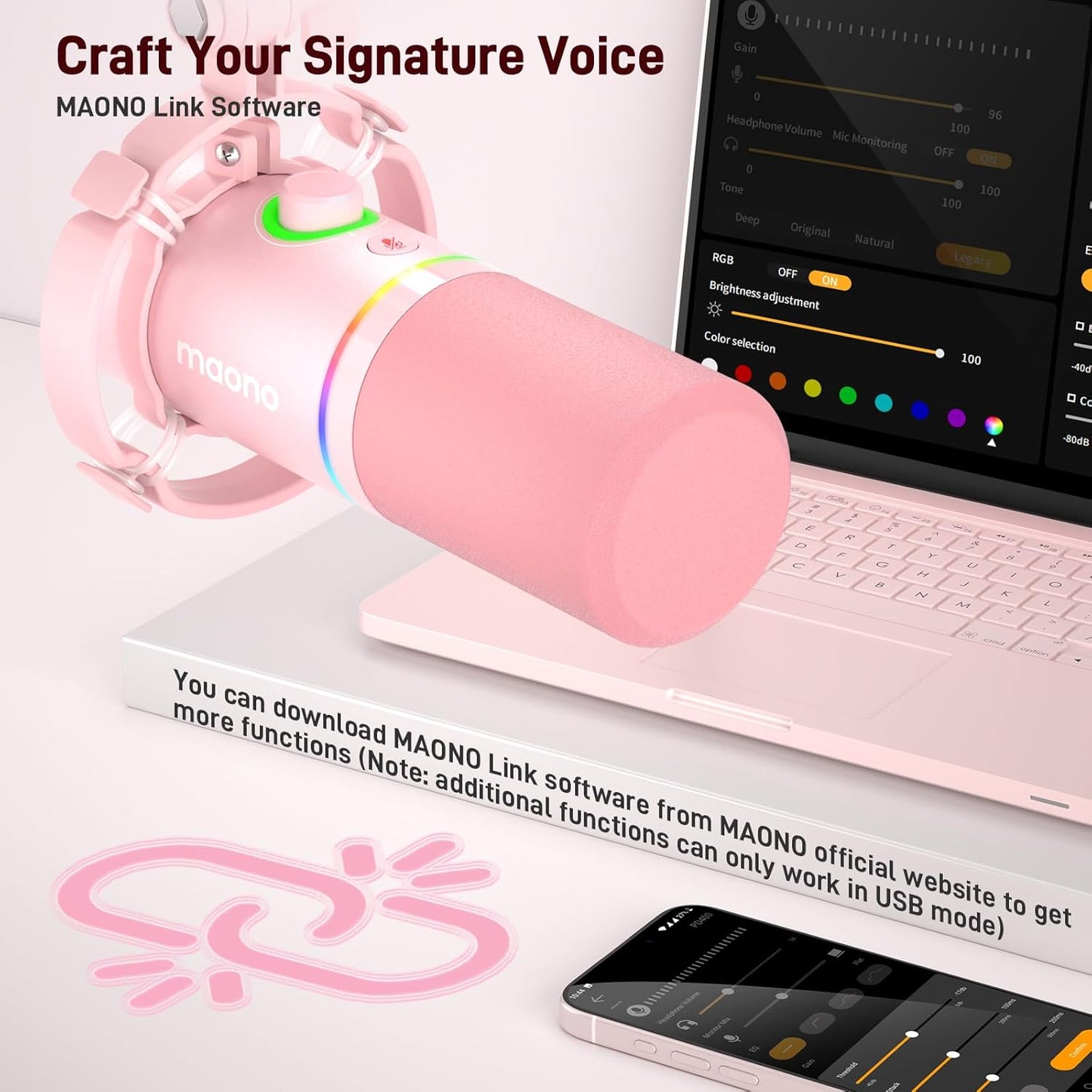 MAONO XLR/USB Dynamic Microphone Kit, RGB Gaming Mic with Software, Mute, Gain Knob, Volume Control, Boom Arm for Streaming, Podcasting, Voice-Over, Recording-PD200XS Pink