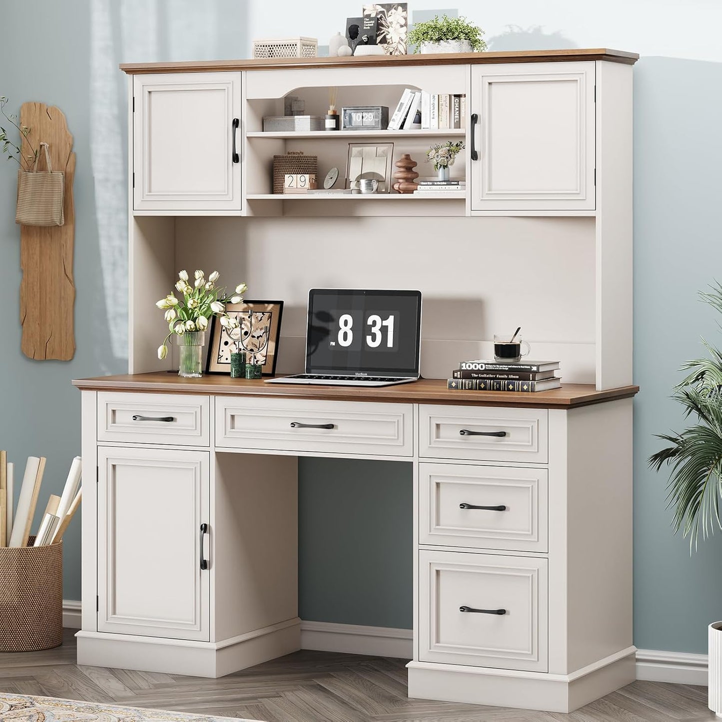 67" H Farmhouse Executive Desk with Hutch. Wood Workstation with 5 Drawers, Storage Cabinet, File Drawers and Charging Station, Ideal as Office Desk, Computer Desk for Home Office and Study