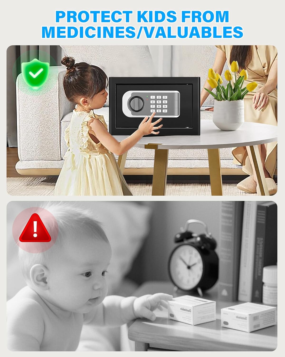 [UPGRADED] Small Safe Box for Home, 0.30 Cuft Mini Safes with Fireproof Waterproof Bag, Digital Money Safe with Programmable Keypad Spare Keys, Security Cash Box for Money Valuables