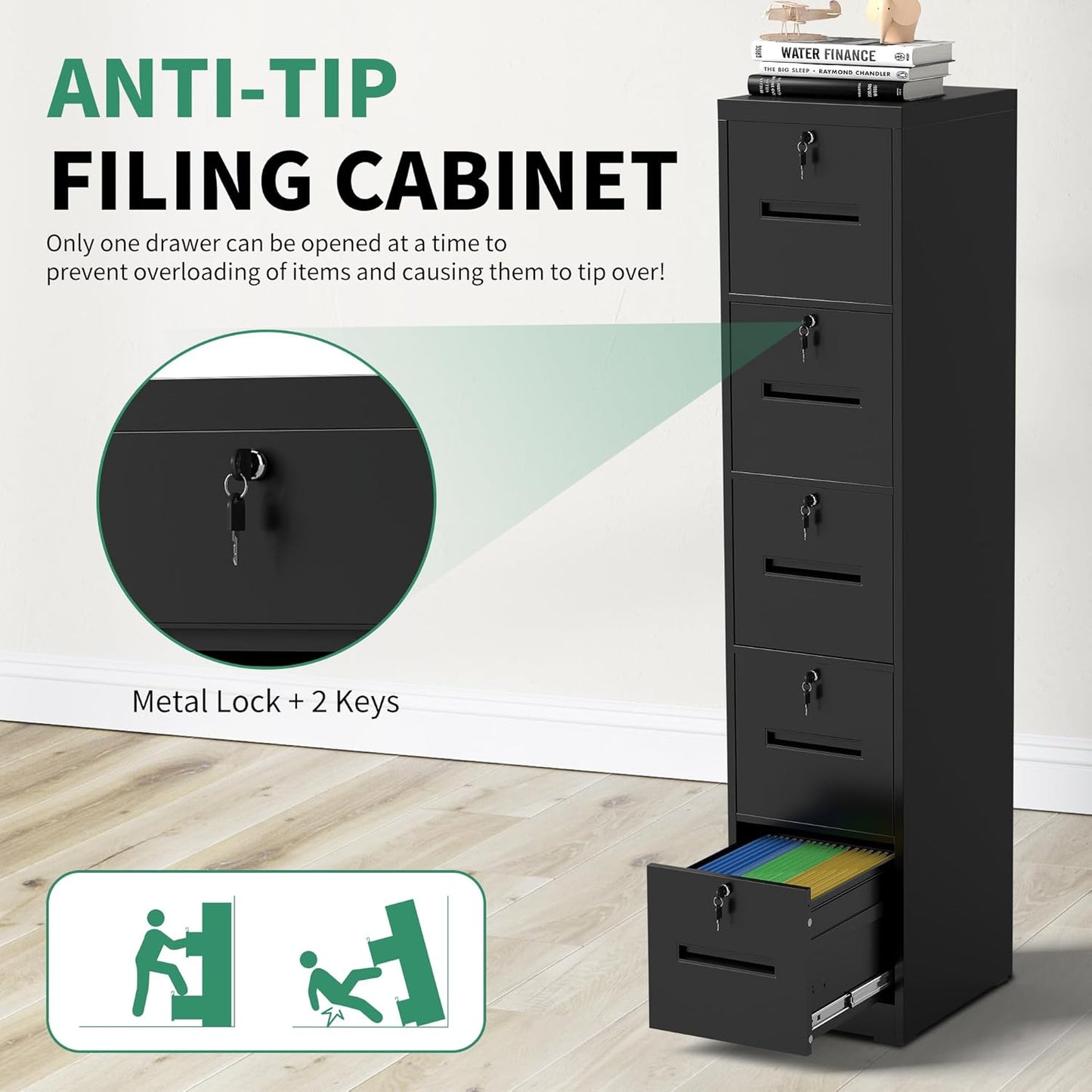 File Cabinet 5 Drawer with Lock, Vertical Filing Cabinets for Home Office, Metal Steel Storage Cabinet for Letter/Legal Size File, Assembly Required(Black)