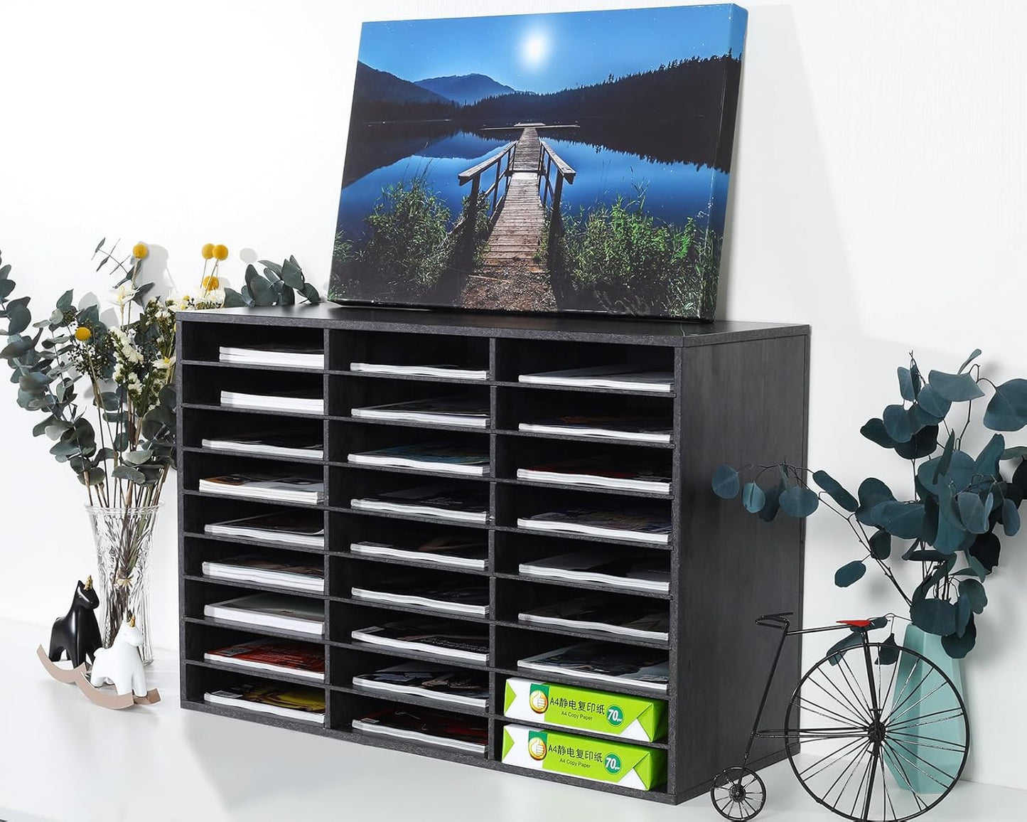 PAG Mail Sorter Organizer, Wood Literature Organizer, Student Mailbox for Classroom, Desktop Bill Paper Organizer for Office Home School, 27 Compartments, Dark Gray