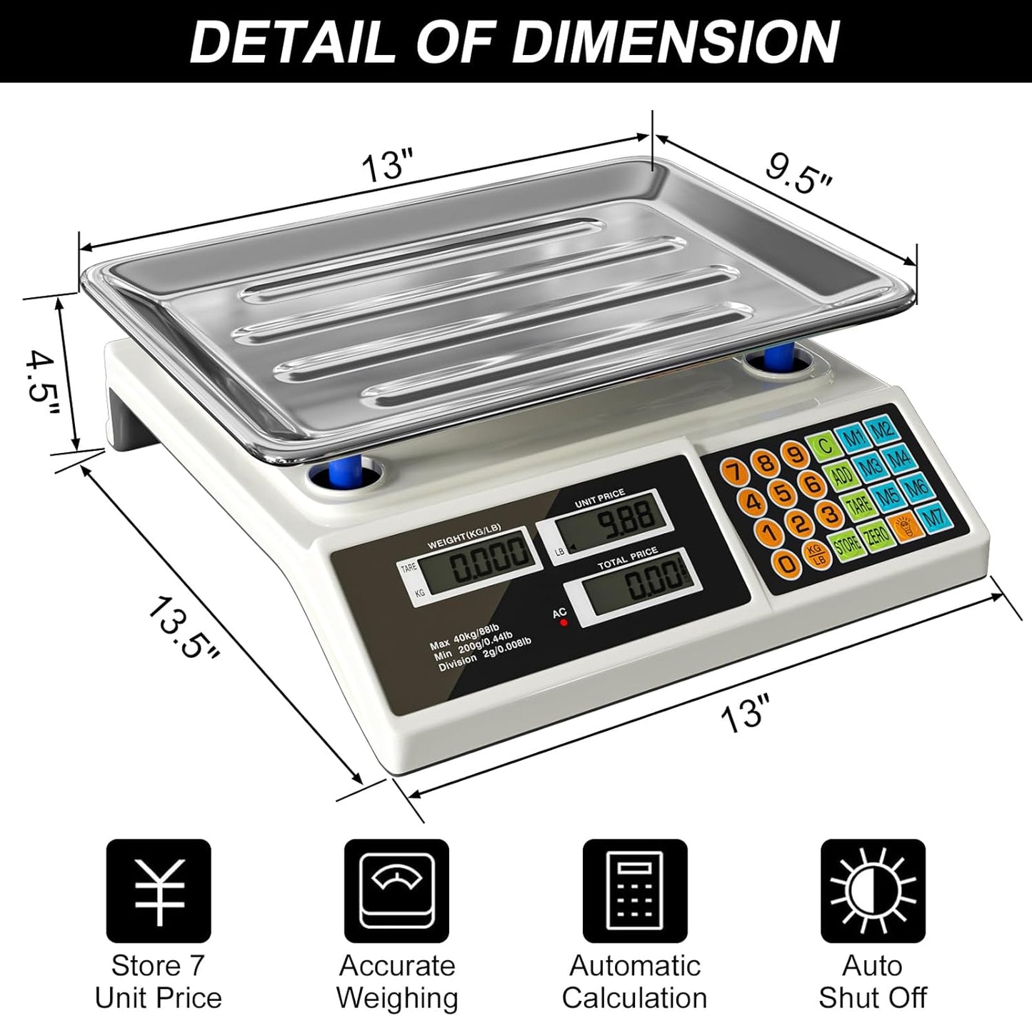 Price Computing Scale 88lb/40kg LCD Digital Commercial Price Scale with Stainless Steel Platform,Produce Scale & Food Scale for Farmers Market, Retail Outlets, Meat Shop (Tray)