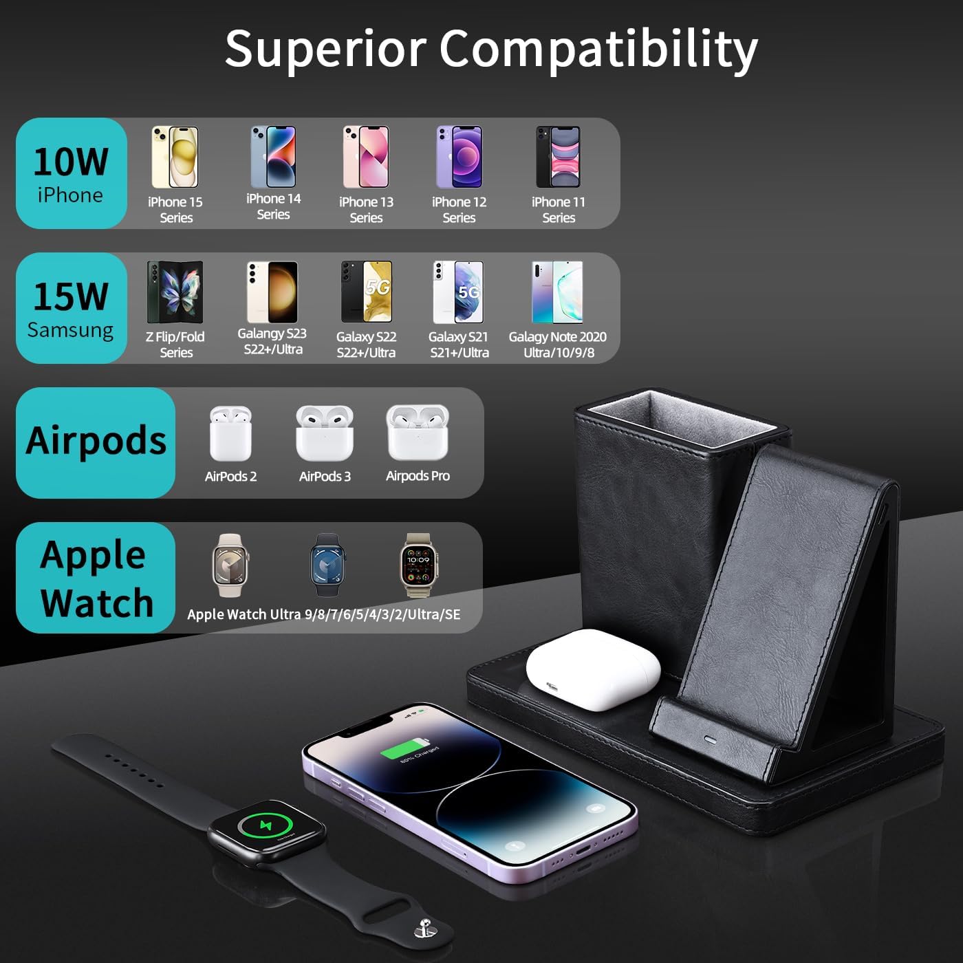 KINGFOM Leather Desk Organizer with Charging Station Multi-Functional Phone Pen Pencil Holder for Desk Desk Organizers and Accessories for Office Home Supplies (S)